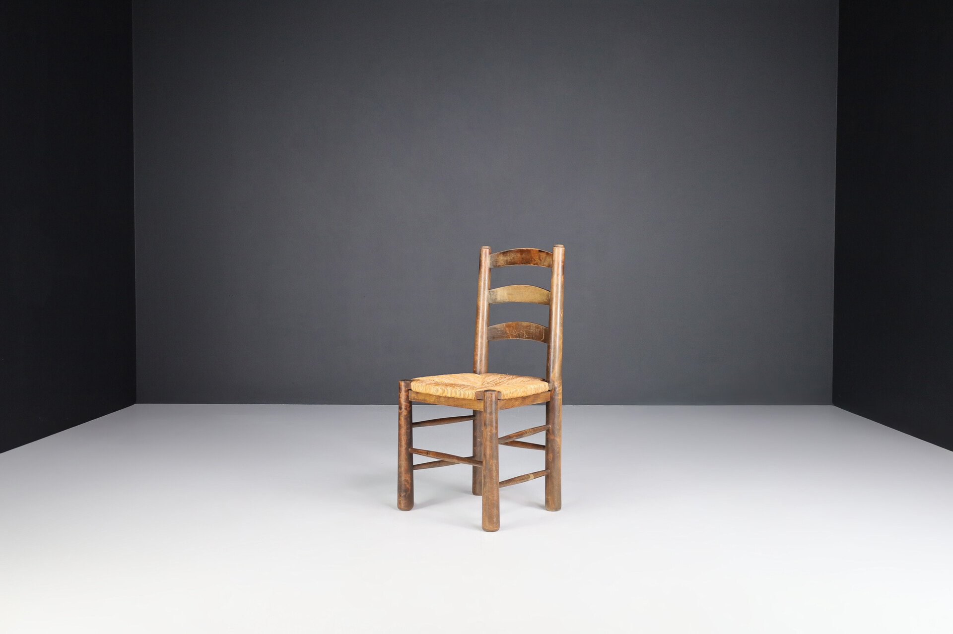 Brutalist Georges Robert Chalet Chairs in Oak and Rush, France, 1950s Mid-20th century