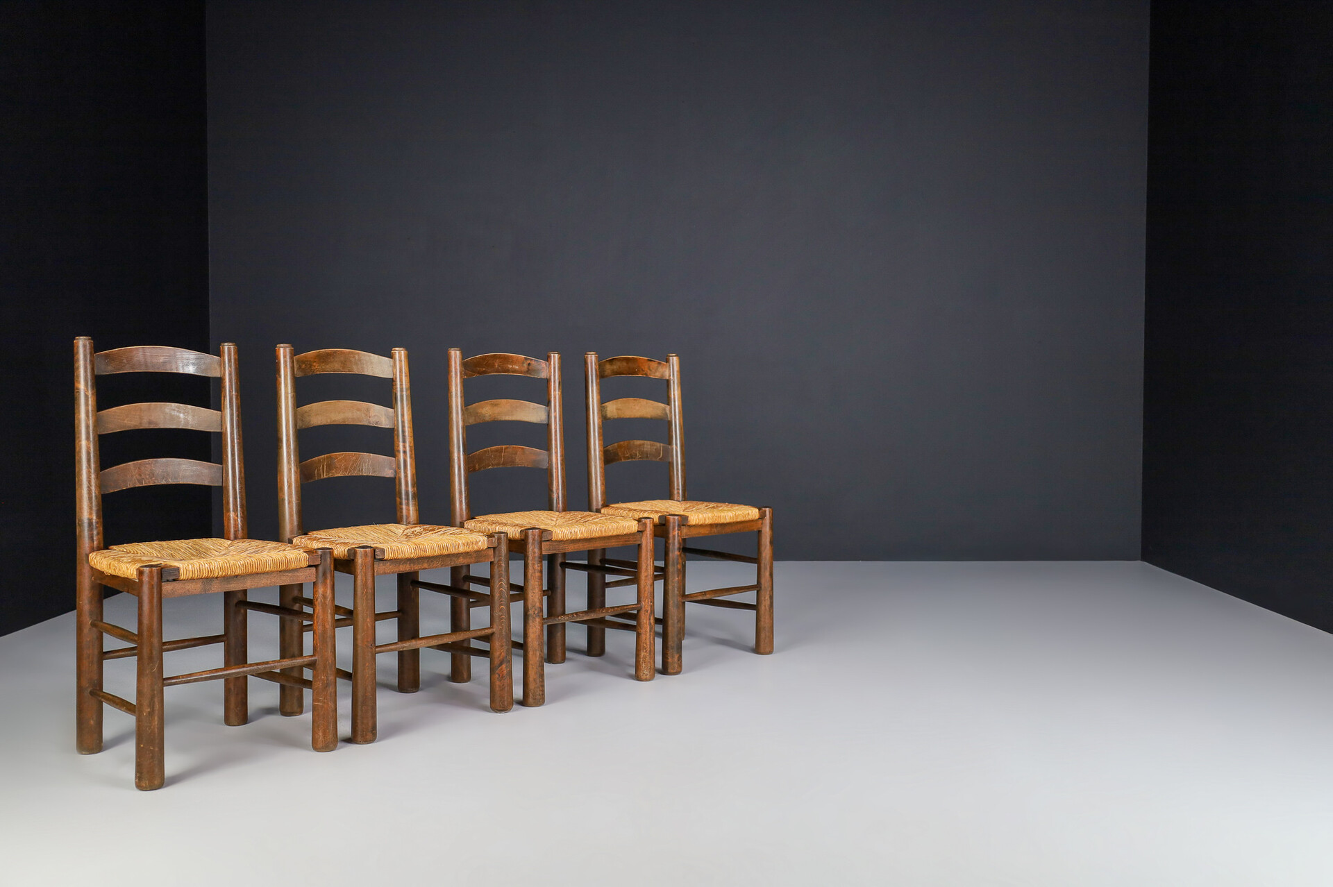 Brutalist Georges Robert Chalet Chairs in Oak and Rush, France, 1950s Mid-20th century