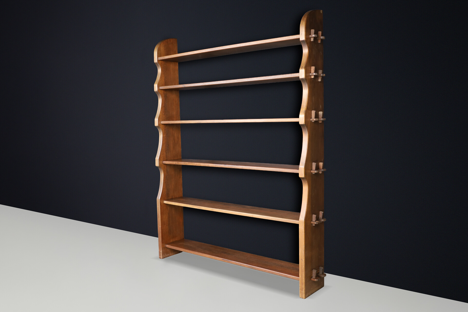 Brutalist Handcrafted Solid Wood Alpine Bookcase with Wedge Joinery, France 1950s Mid-20th century