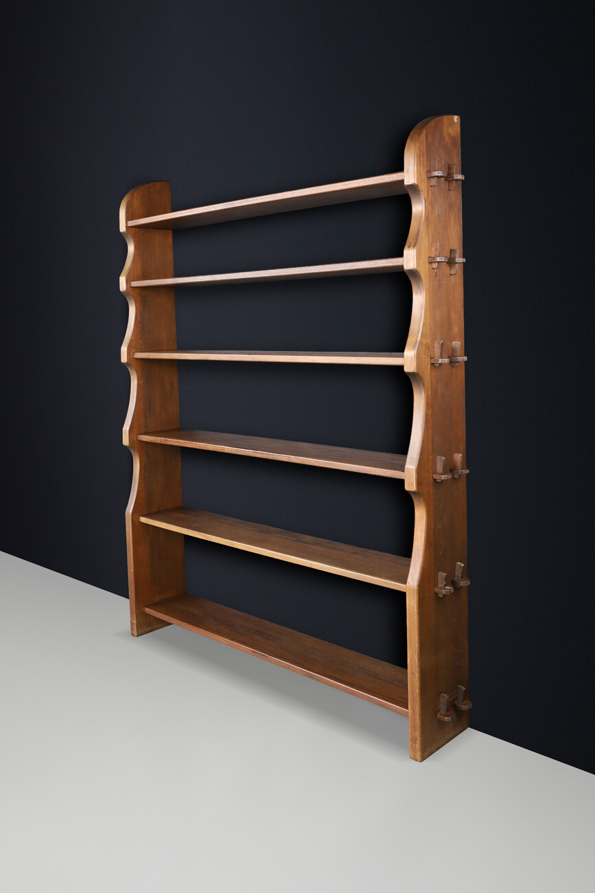 Brutalist Handcrafted Solid Wood Alpine Bookcase with Wedge Joinery, France 1950s Mid-20th century