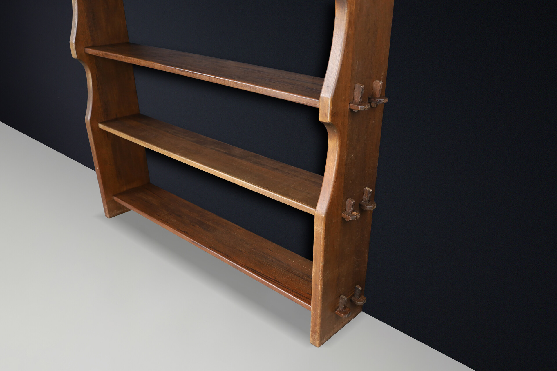 Brutalist Handcrafted Solid Wood Alpine Bookcase with Wedge Joinery, France 1950s Mid-20th century