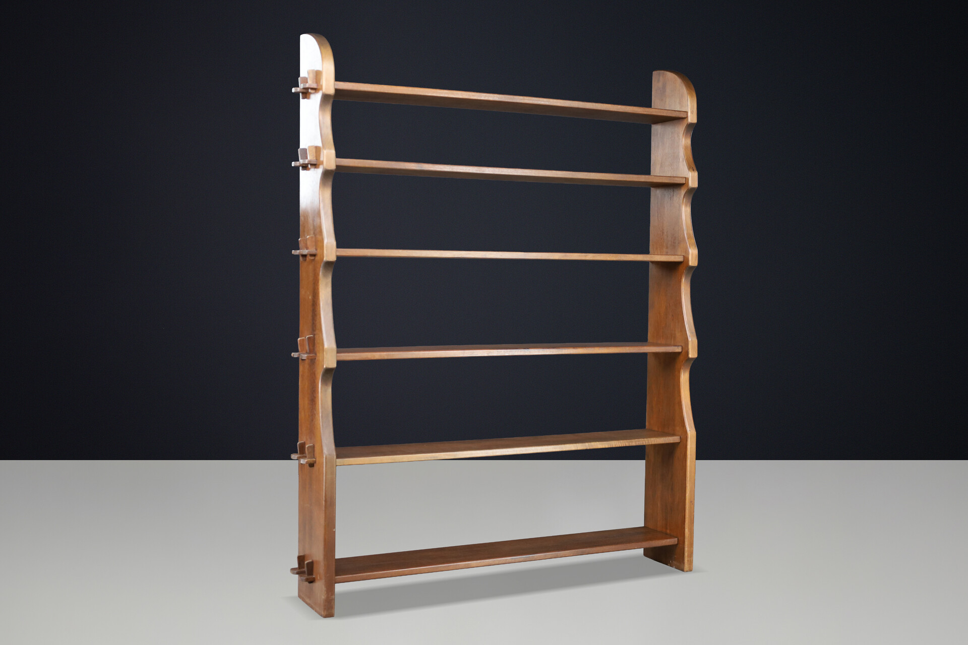 Brutalist Handcrafted Solid Wood Alpine Bookcase with Wedge Joinery, France 1950s Mid-20th century