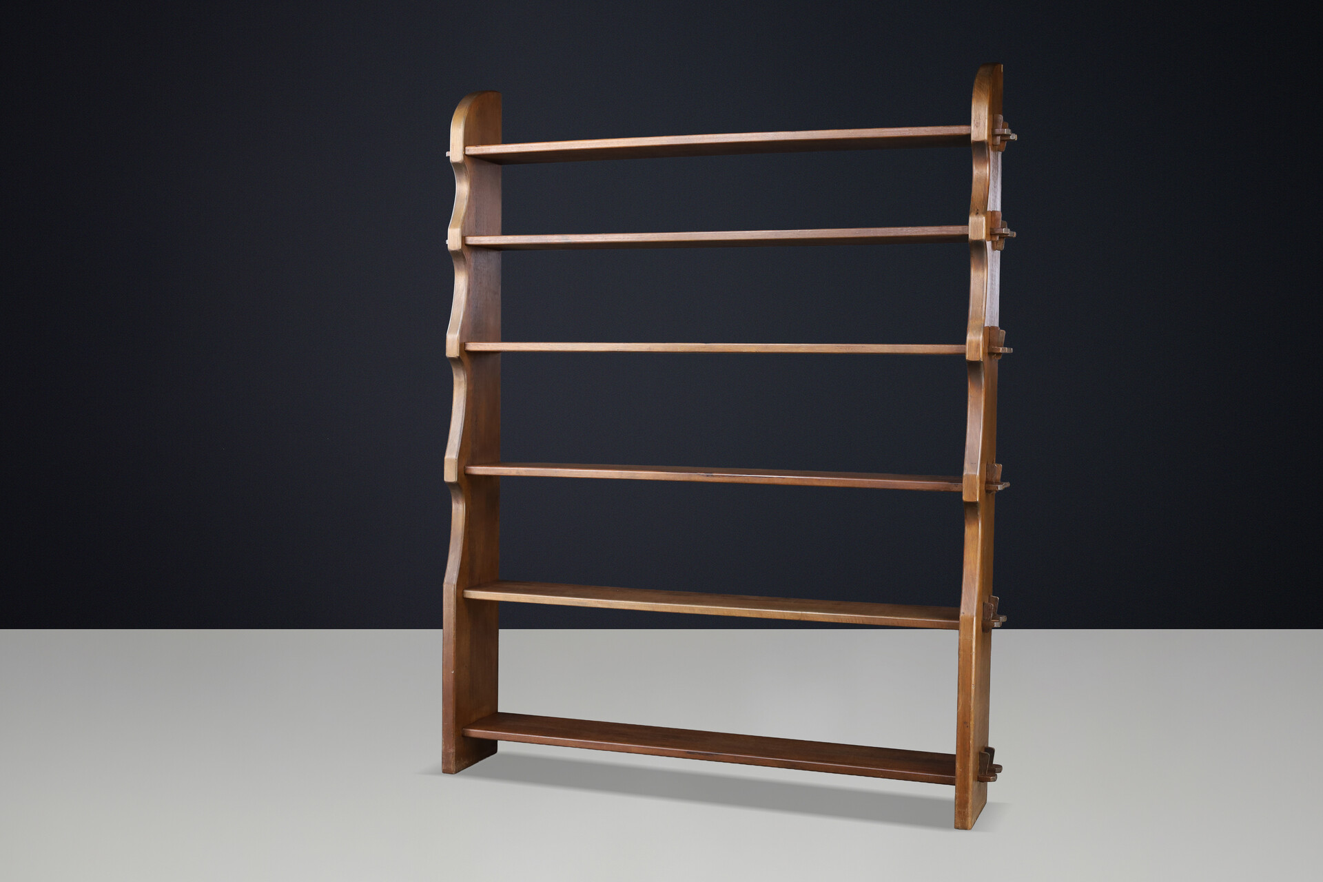Brutalist Handcrafted Solid Wood Alpine Bookcase with Wedge Joinery, France 1950s Mid-20th century