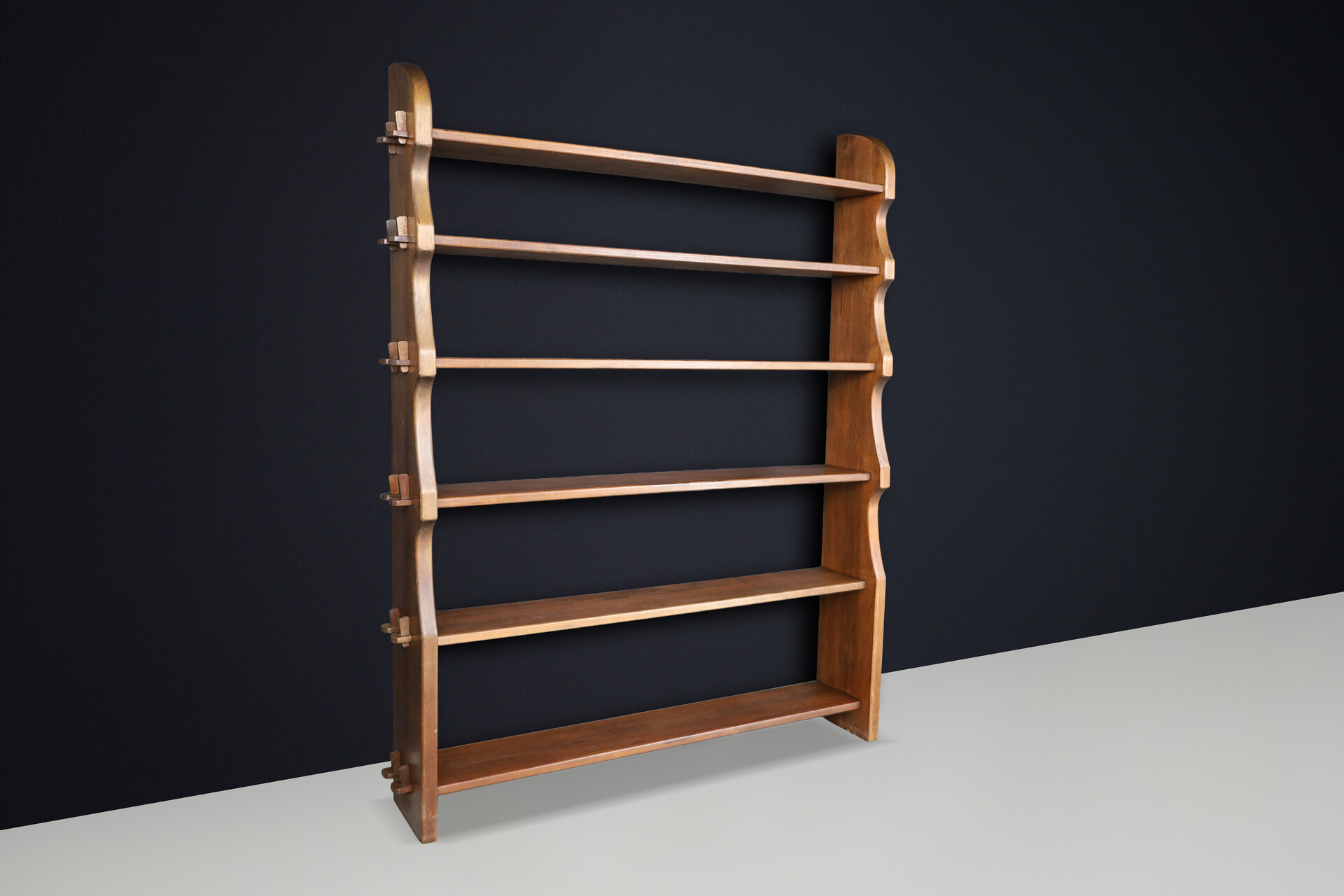 Brutalist Handcrafted Solid Wood Alpine Bookcase with Wedge Joinery, France 1950s Mid-20th century