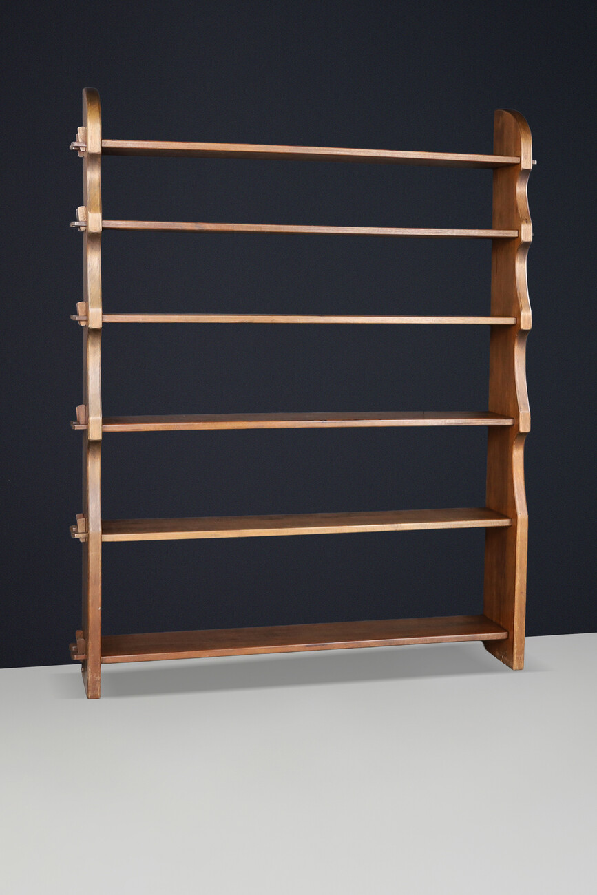 Brutalist Handcrafted Solid Wood Alpine Bookcase with Wedge Joinery, France 1950s Mid-20th century