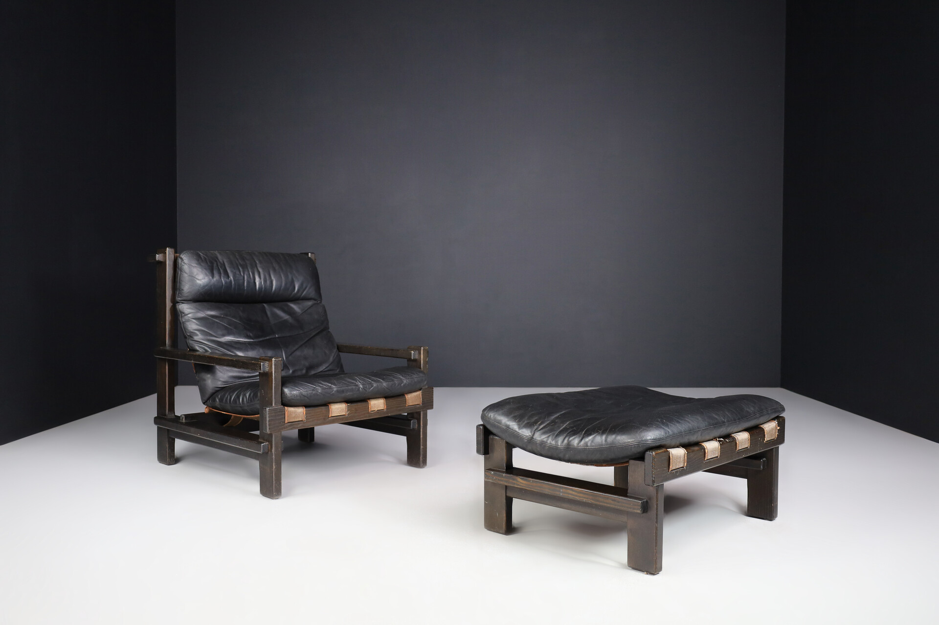 Brutalist Modernist leather lounge chair and ottoman by Carl Straub, Germany 1960s Mid-20th century
