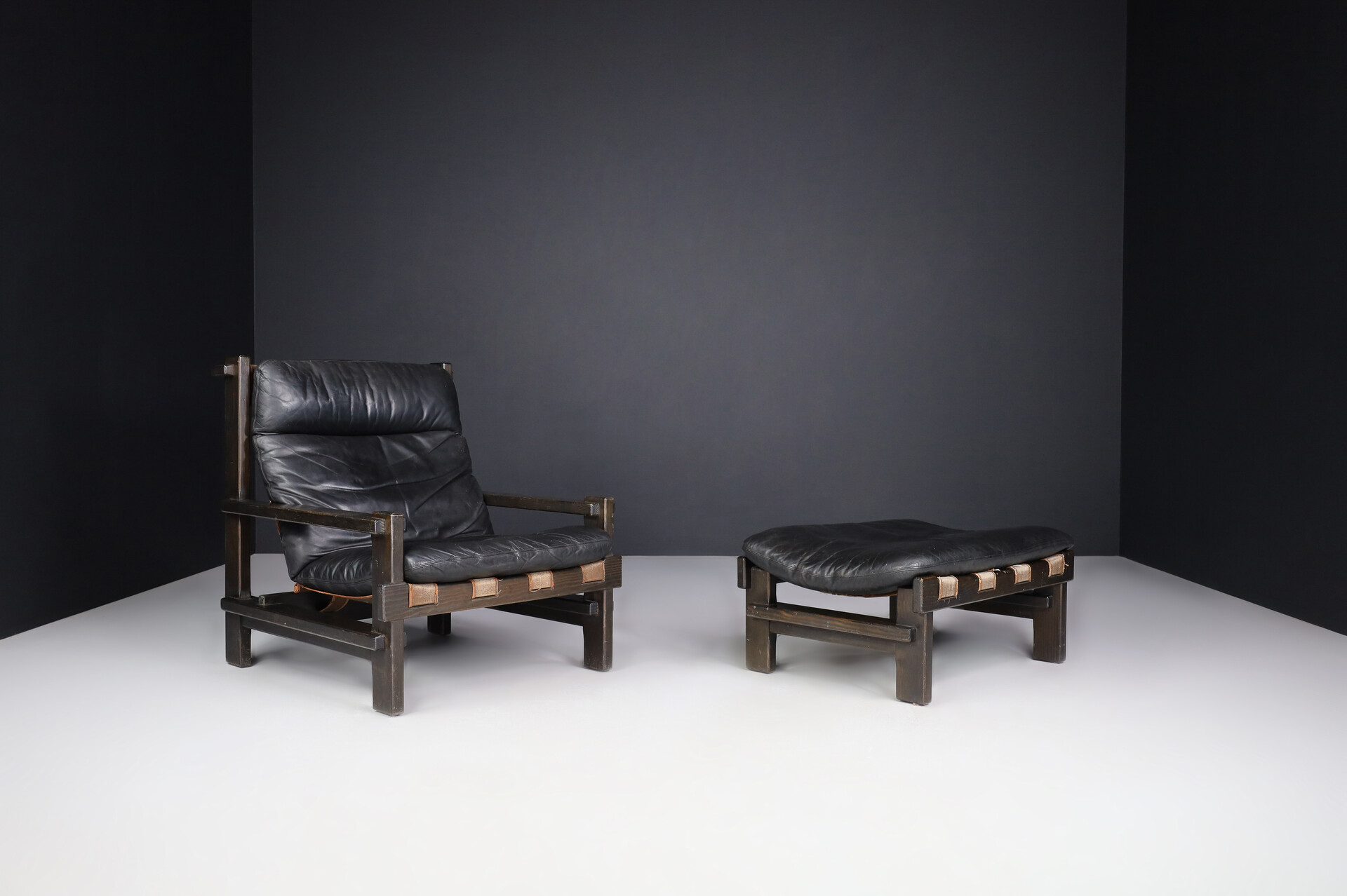 Brutalist Modernist leather lounge chair and ottoman by Carl Straub, Germany 1960s Mid-20th century