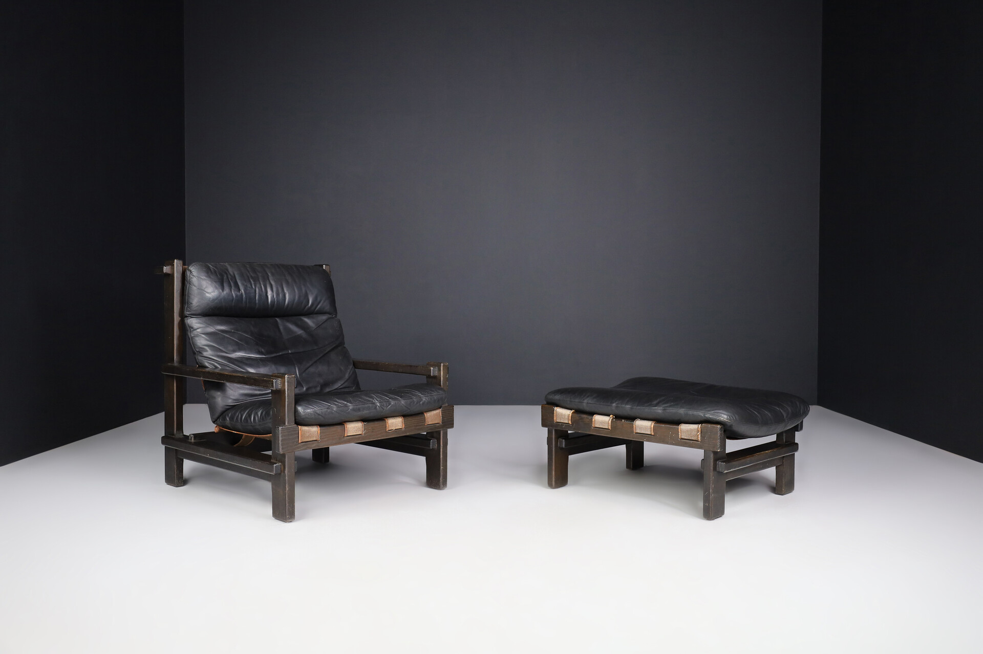 Brutalist Modernist leather lounge chair and ottoman by Carl Straub, Germany 1960s Mid-20th century