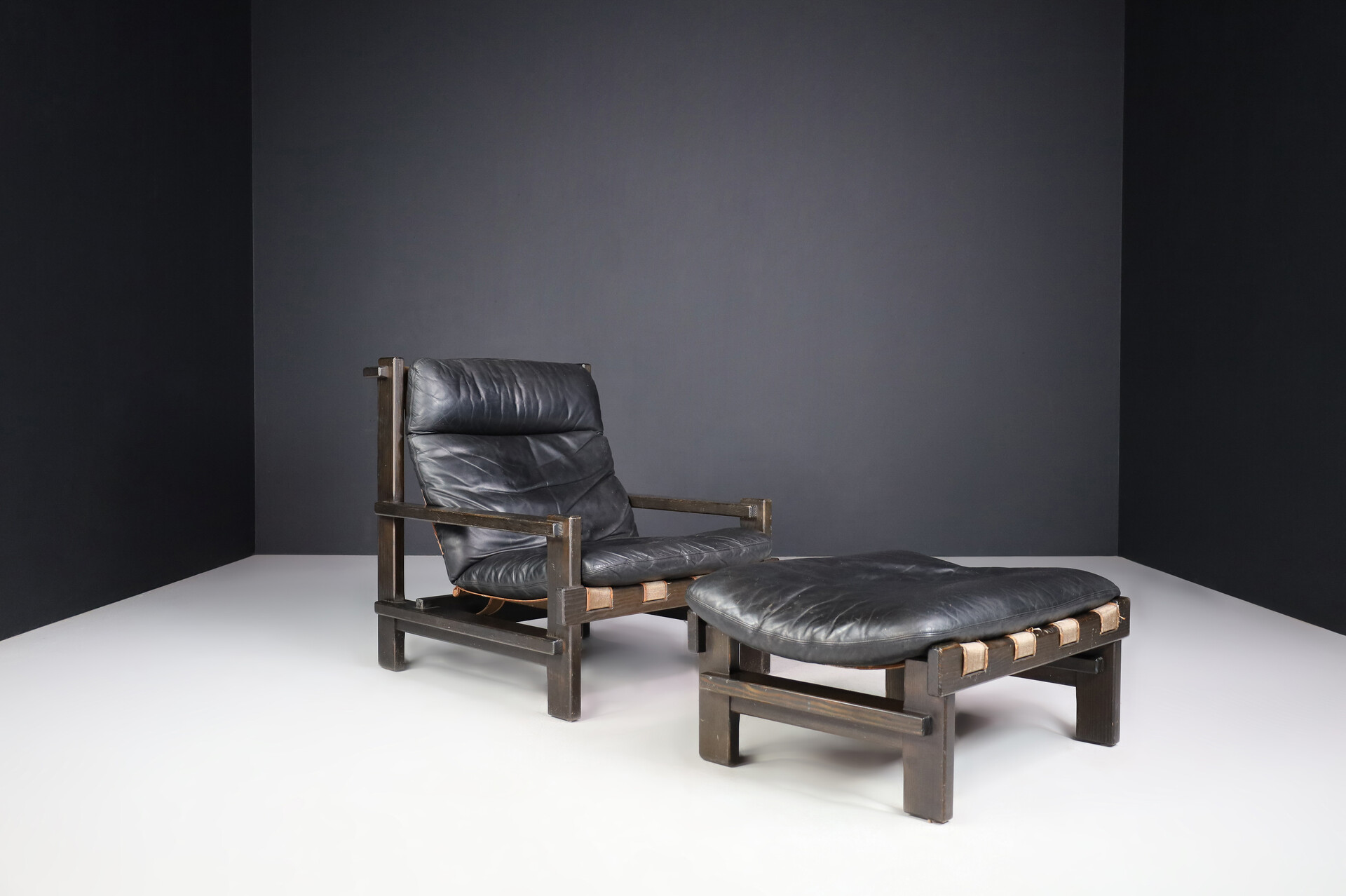 Brutalist Modernist leather lounge chair and ottoman by Carl Straub, Germany 1960s Mid-20th century