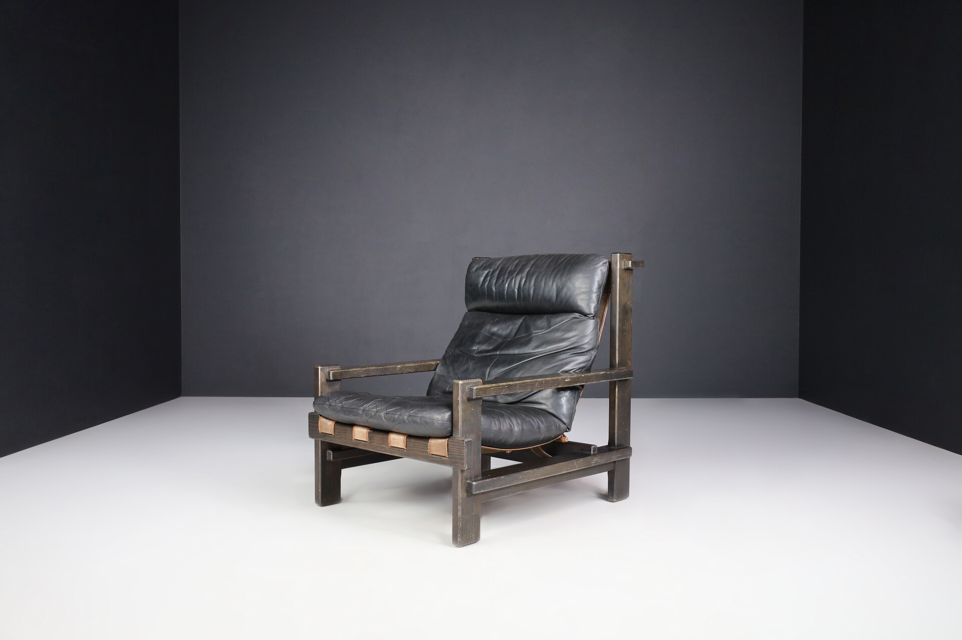 Brutalist Modernist leather lounge chair and ottoman by Carl Straub, Germany 1960s Mid-20th century