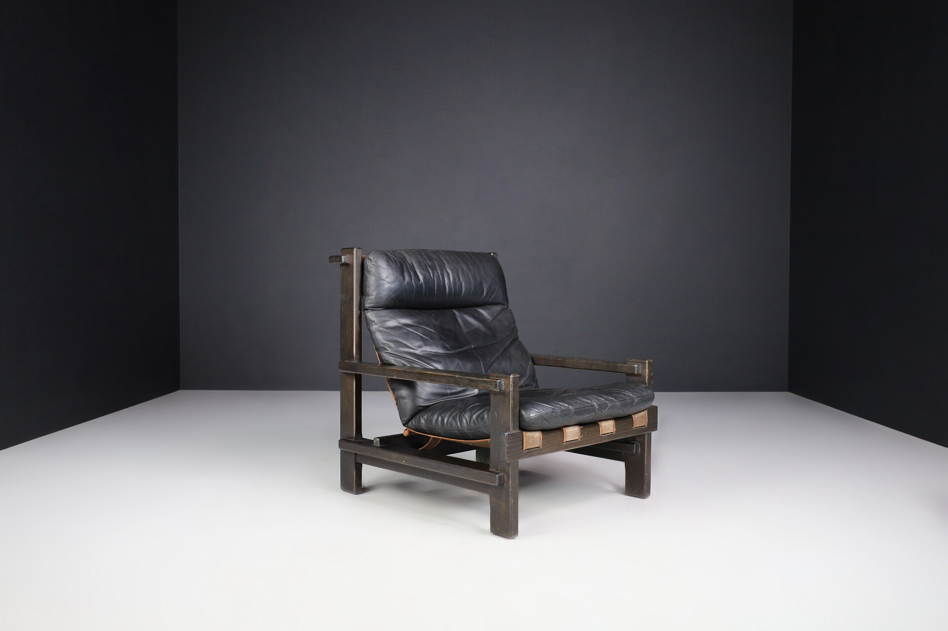Brutalist Modernist leather lounge chair and ottoman by Carl Straub, Germany 1960s Mid-20th century
