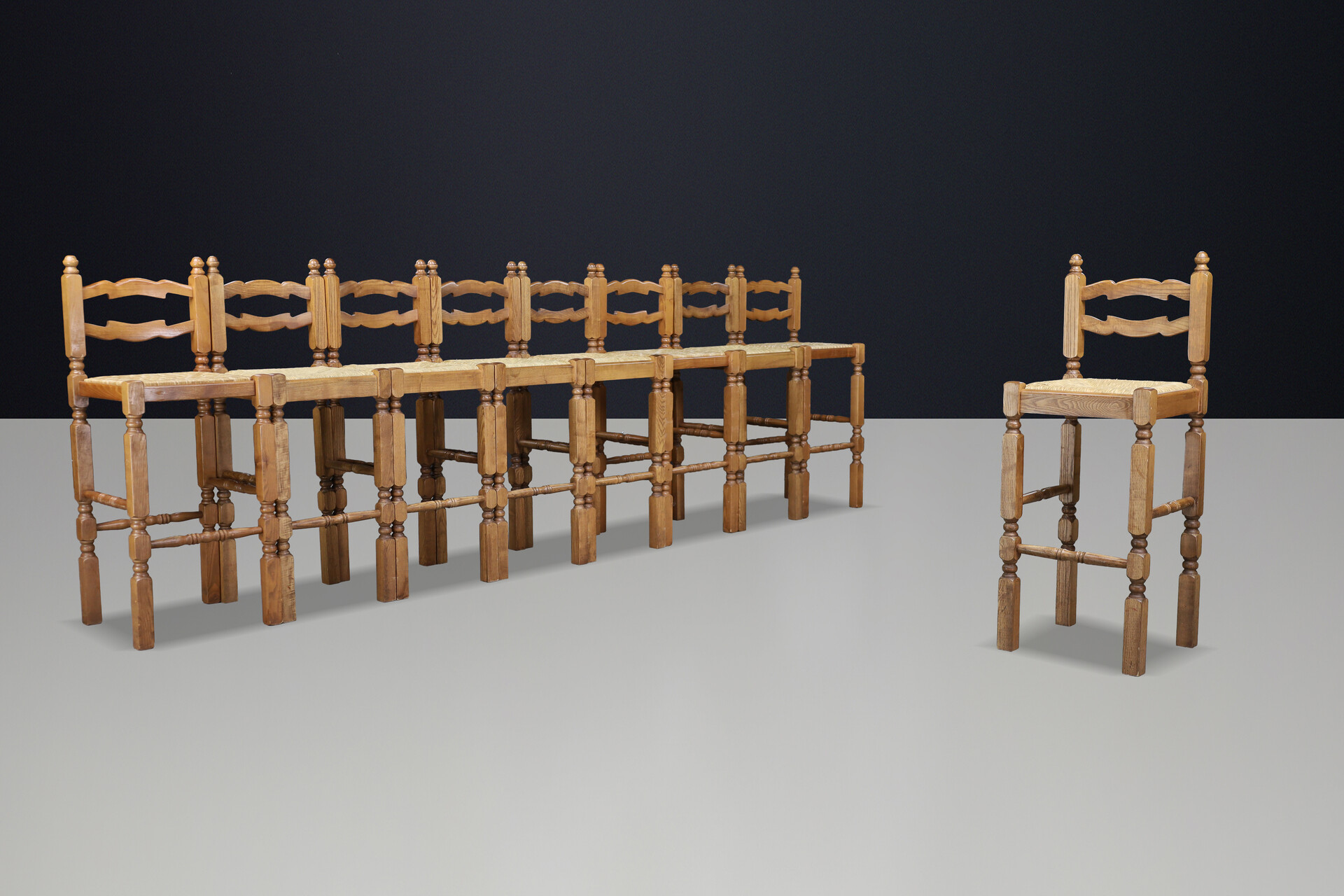 Brutalist Oak and and Rush Bar stools Frans 1960s Late-20th century