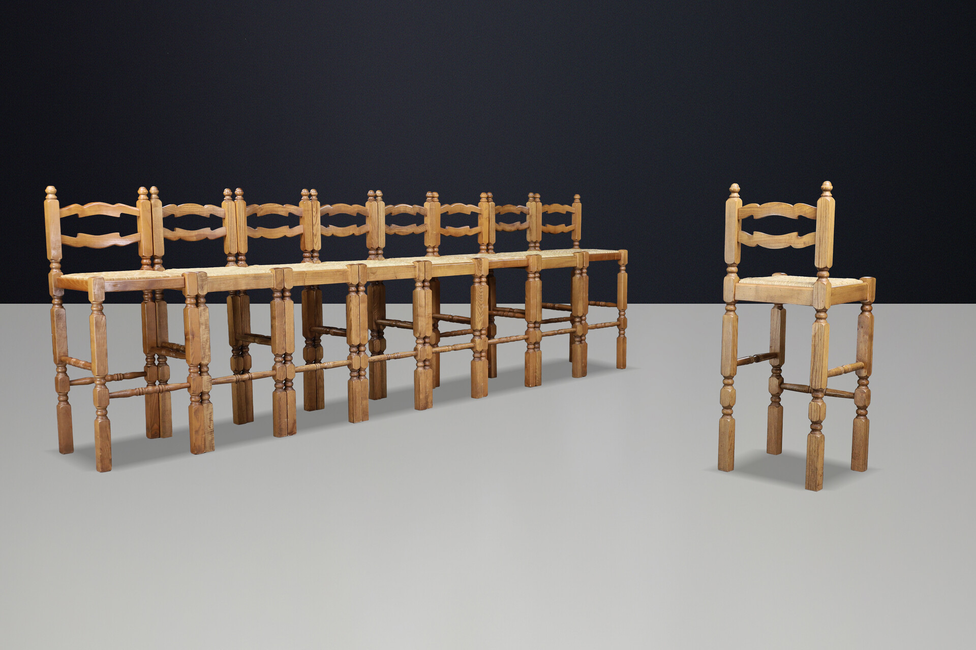 Brutalist Oak and and Rush Bar stools Frans 1960s Late-20th century