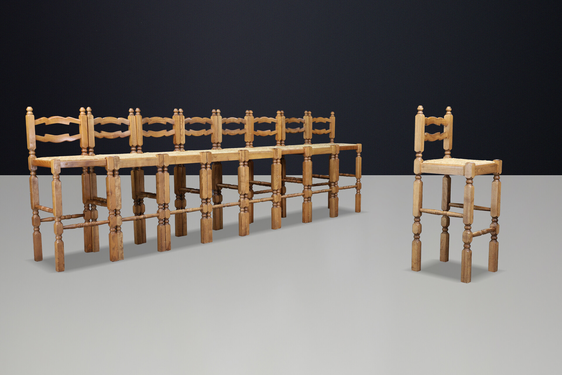 Brutalist Oak and and Rush Bar stools Frans 1960s Late-20th century