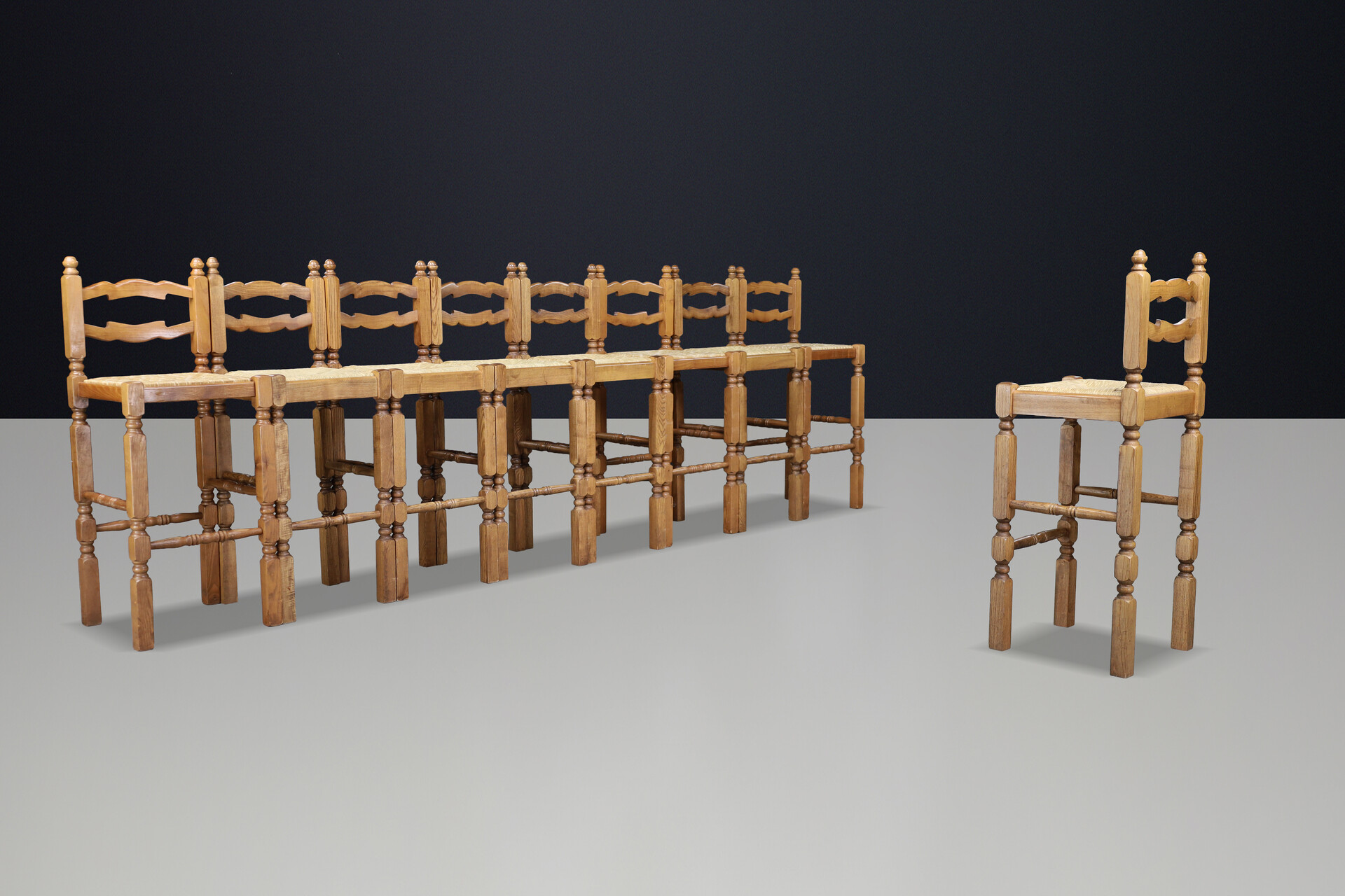 Brutalist Oak and and Rush Bar stools Frans 1960s Late-20th century