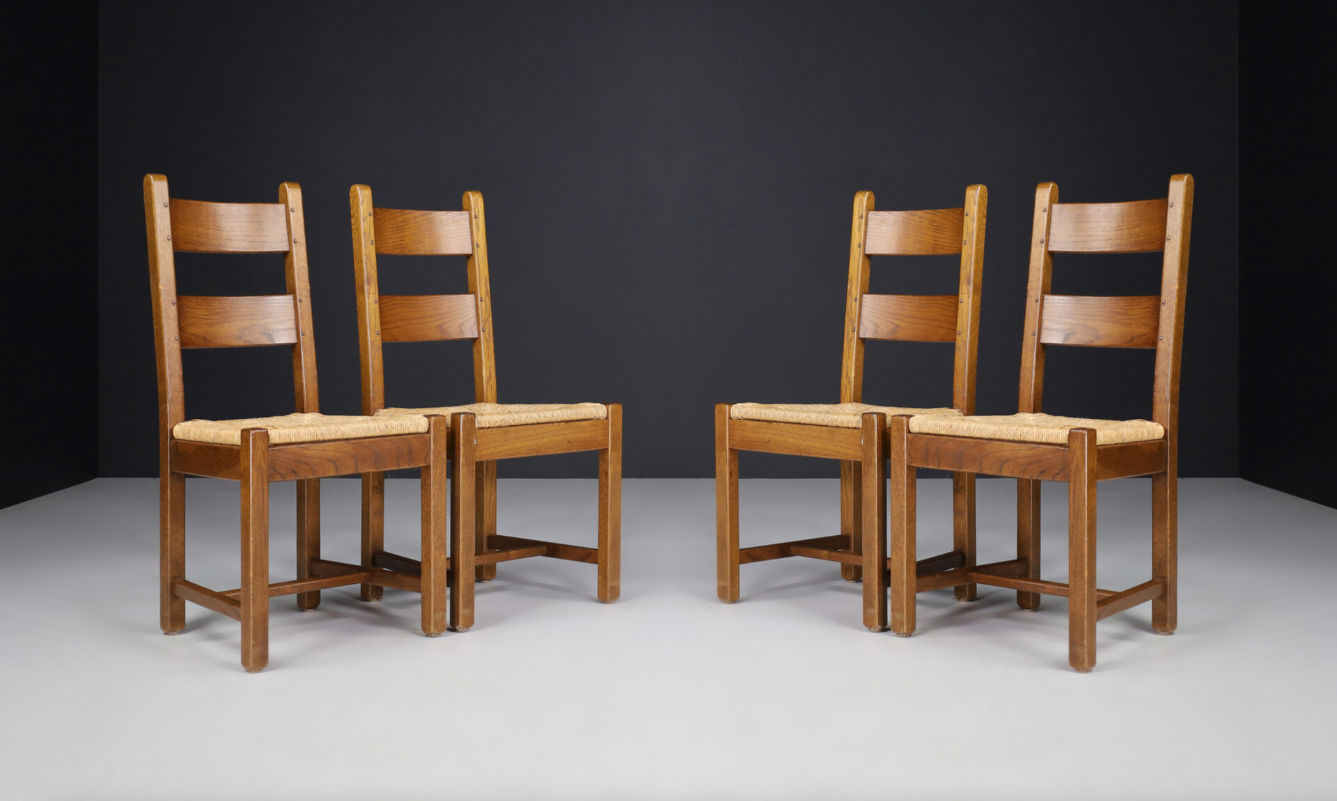Brutalist Oak and rush High back chairs , Belgium 1960s Mid-20th century