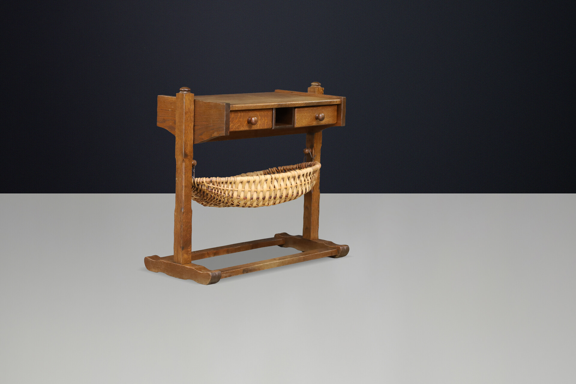 Brutalist Oak and wicker hal cabinet France 1960s Mid-20th century