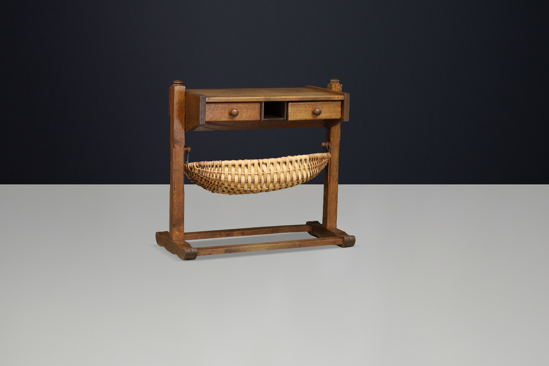 Brutalist Oak and wicker hal cabinet France 1960s Mid-20th century