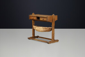 Brutalist Oak and wicker hal cabinet France 1960s Mid-20th century