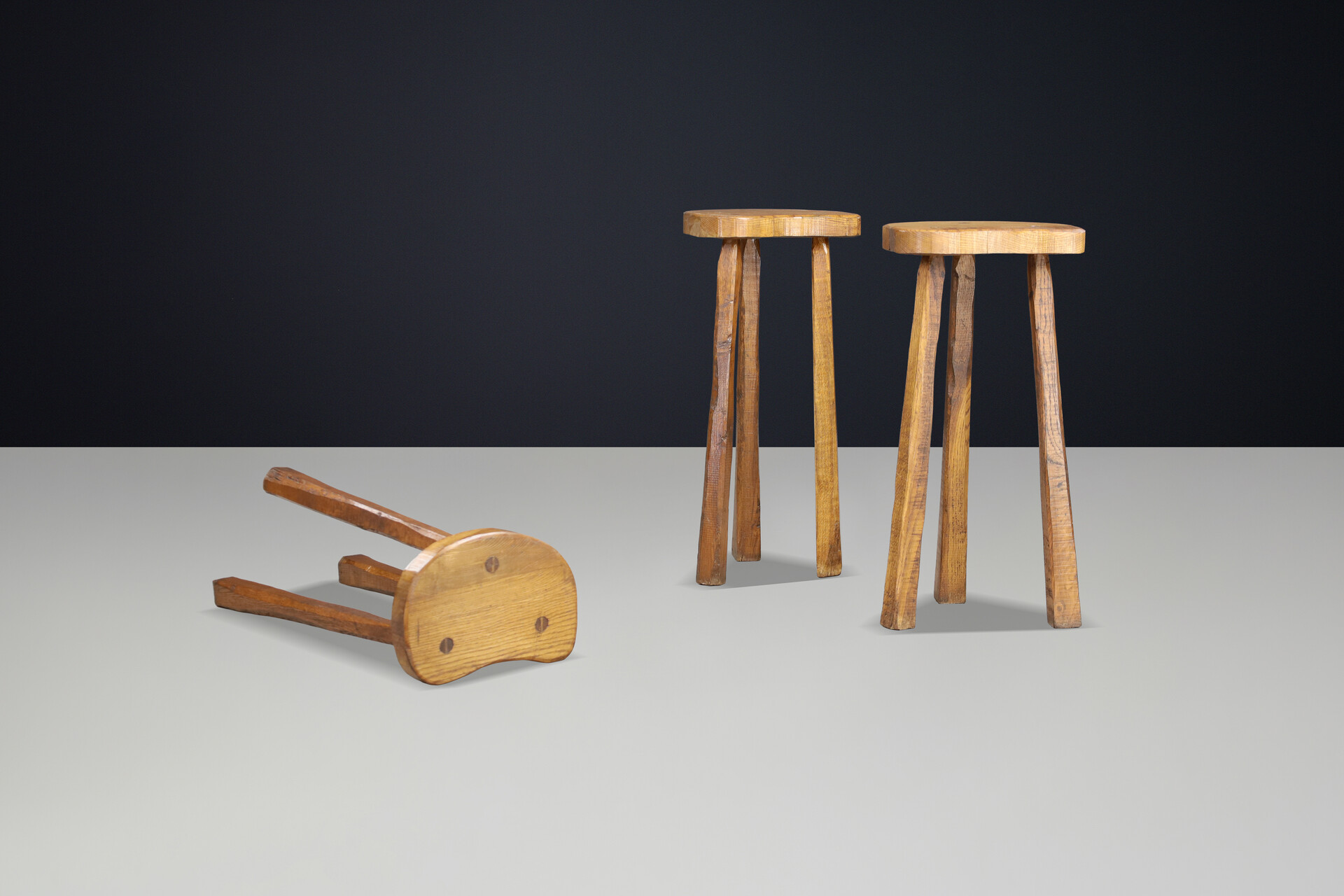 Brutalist Oak bar stools France 1960s Mid-20th century