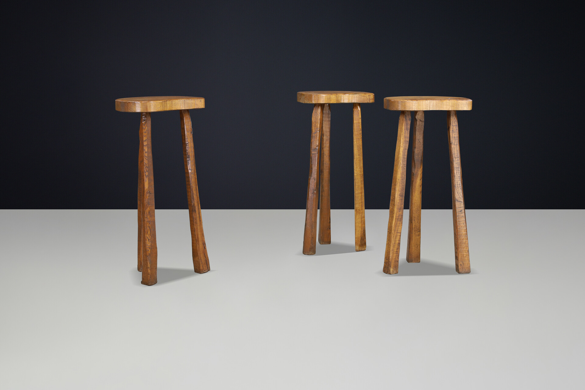Brutalist Oak bar stools France 1960s Mid-20th century
