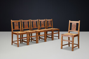 Brutalist Oak Dining Chairs with Dudouyt-Style Detailing, France 1940 Mid-20th century