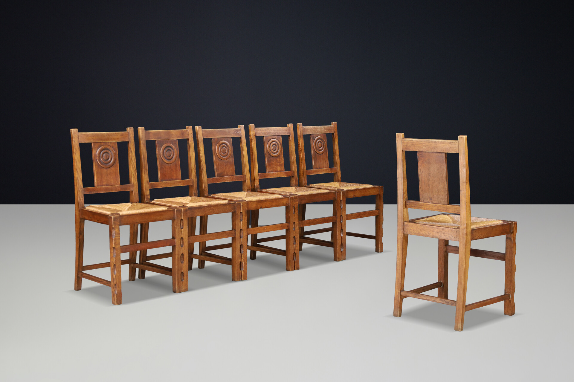 Brutalist Oak Dining Chairs with Dudouyt-Style Detailing, France 1940 Mid-20th century