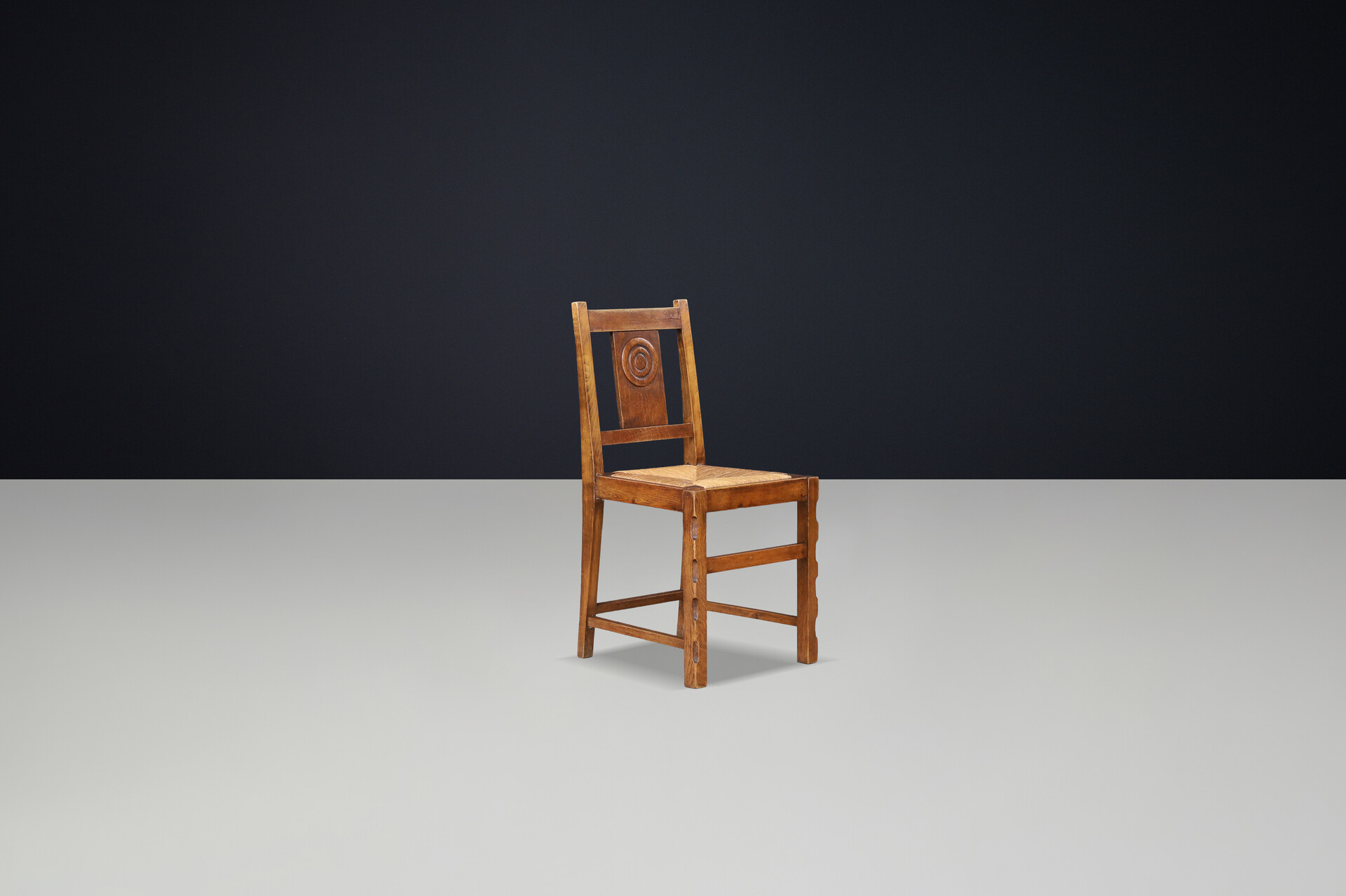 Brutalist Oak Dining Chairs with Dudouyt-Style Detailing, France 1940 Mid-20th century