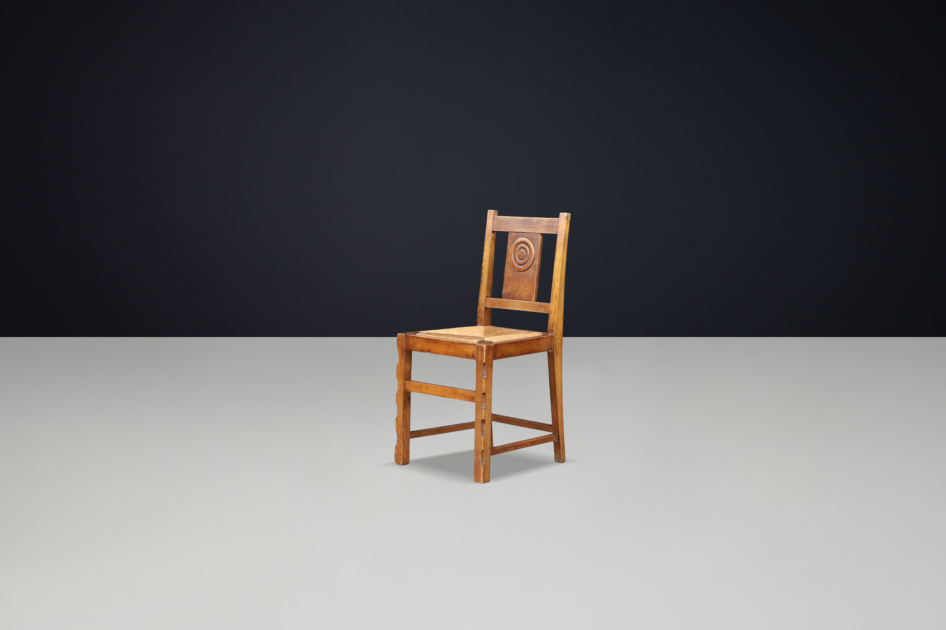 Brutalist Oak Dining Chairs with Dudouyt-Style Detailing, France 1940 Mid-20th century