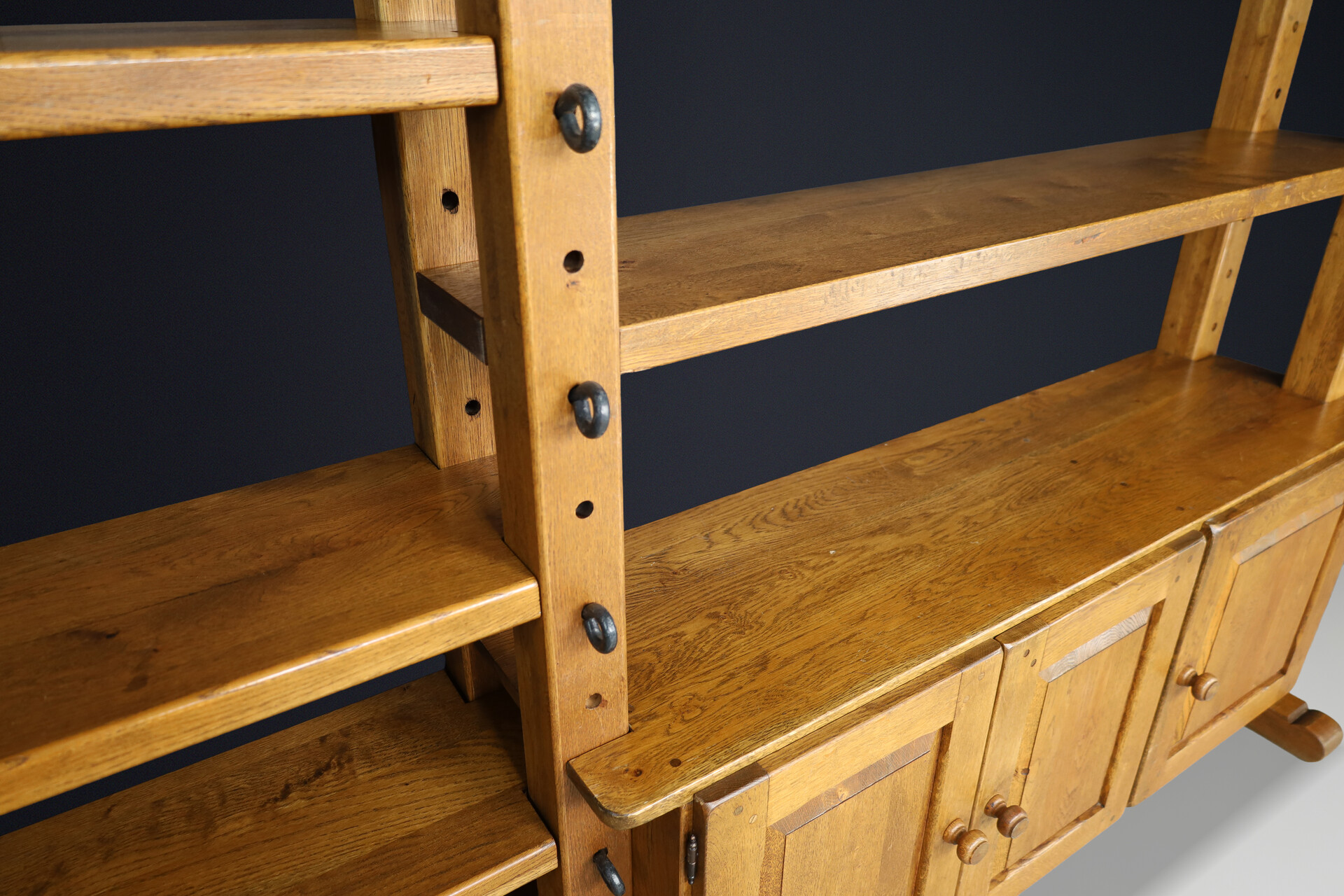 Brutalist Oak Large Modular Shelving Unit with Metal Pegs and Cabinet, Belgium 1960 Late-20th century
