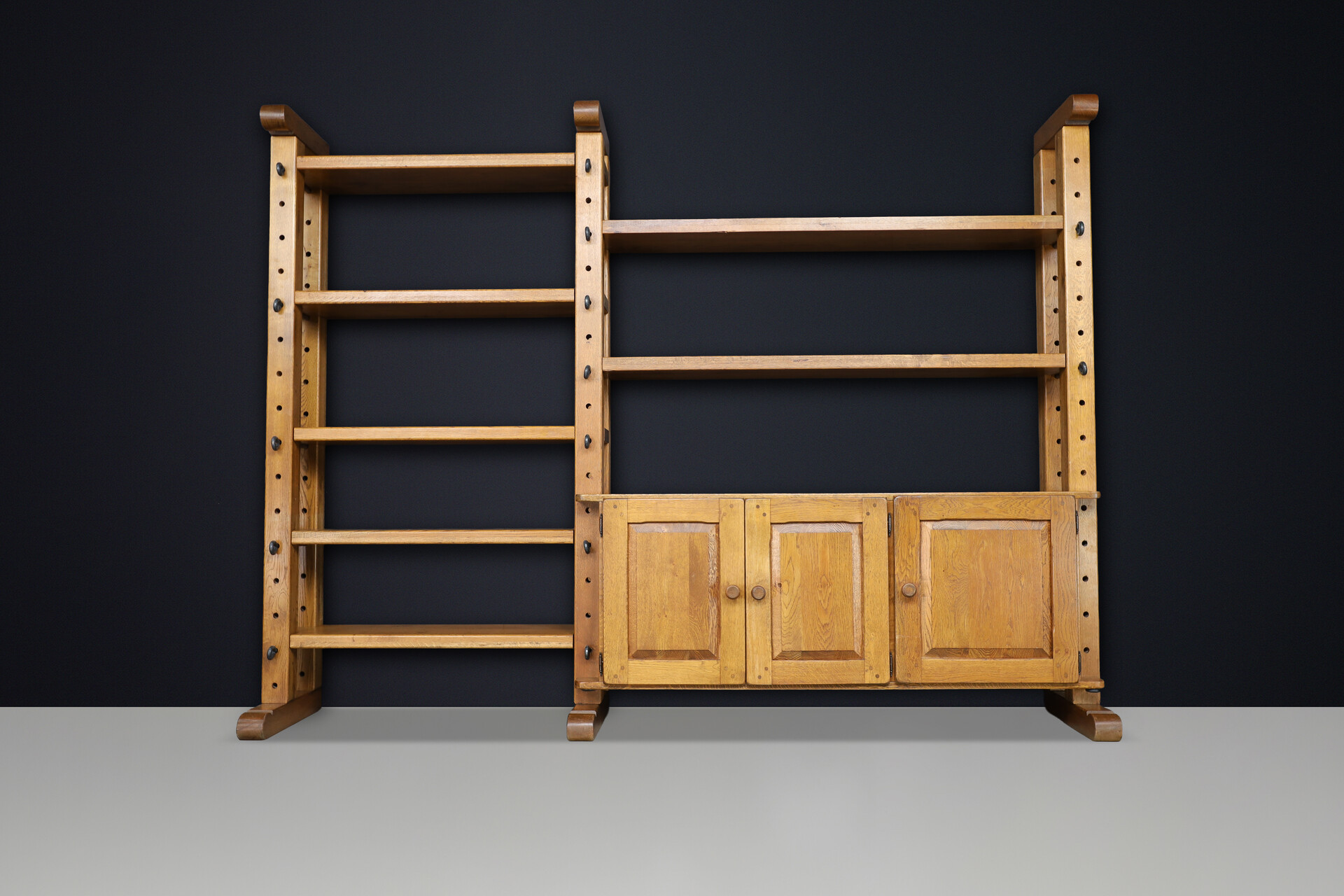 Brutalist Oak Large Modular Shelving Unit with Metal Pegs and Cabinet, Belgium 1960 Late-20th century