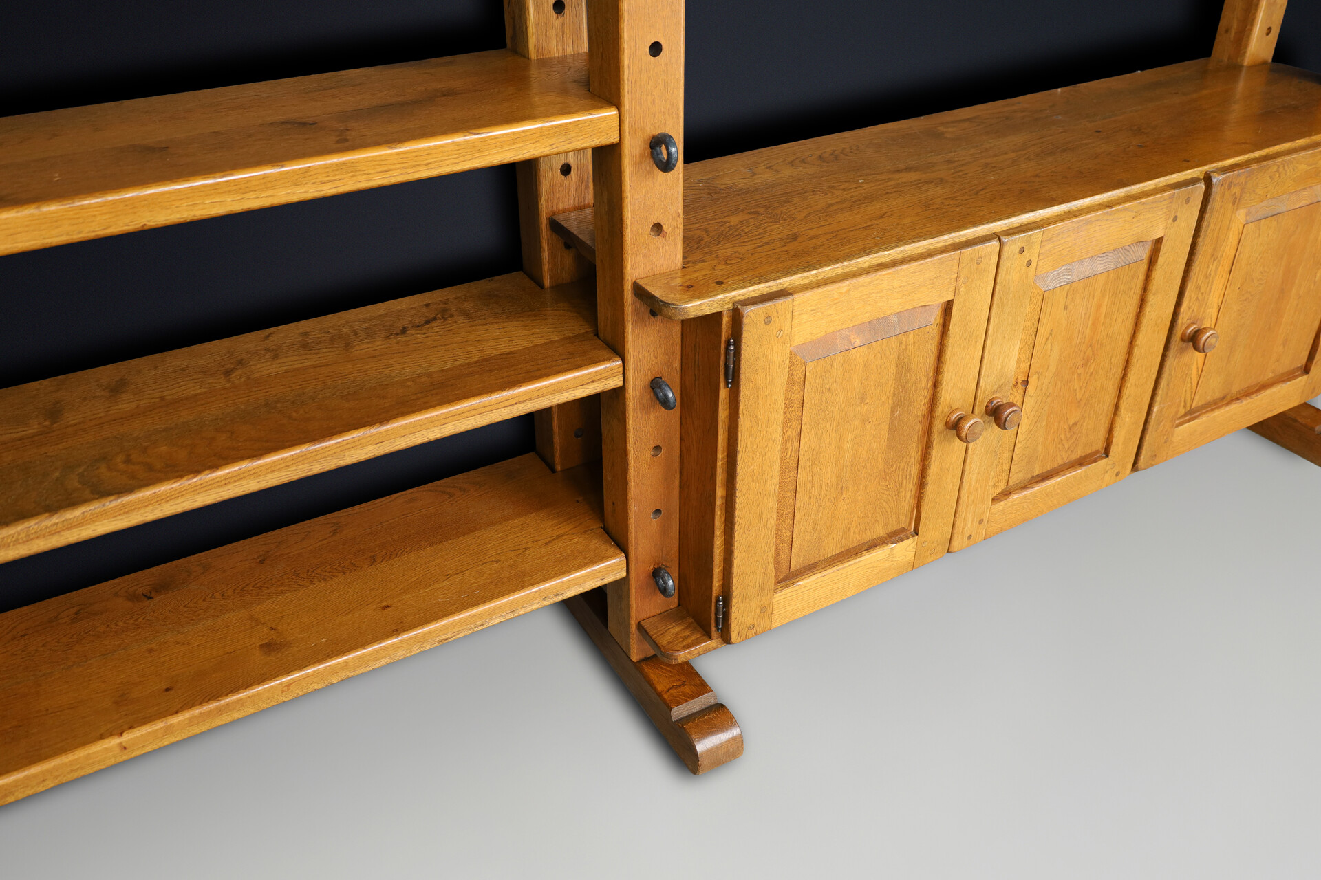 Brutalist Oak Large Modular Shelving Unit with Metal Pegs and Cabinet, Belgium 1960 Late-20th century