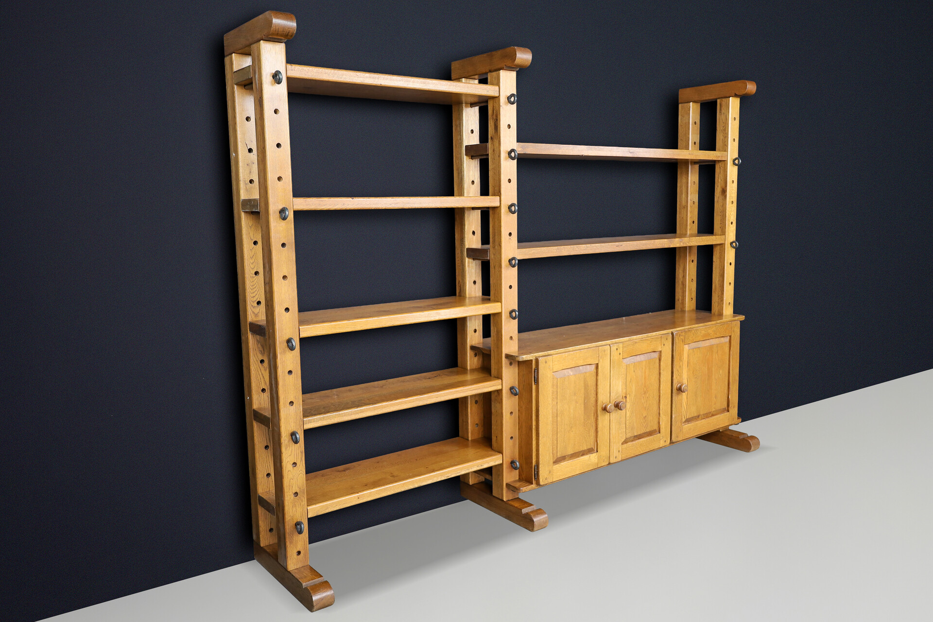 Brutalist Oak Large Modular Shelving Unit with Metal Pegs and Cabinet, Belgium 1960 Late-20th century