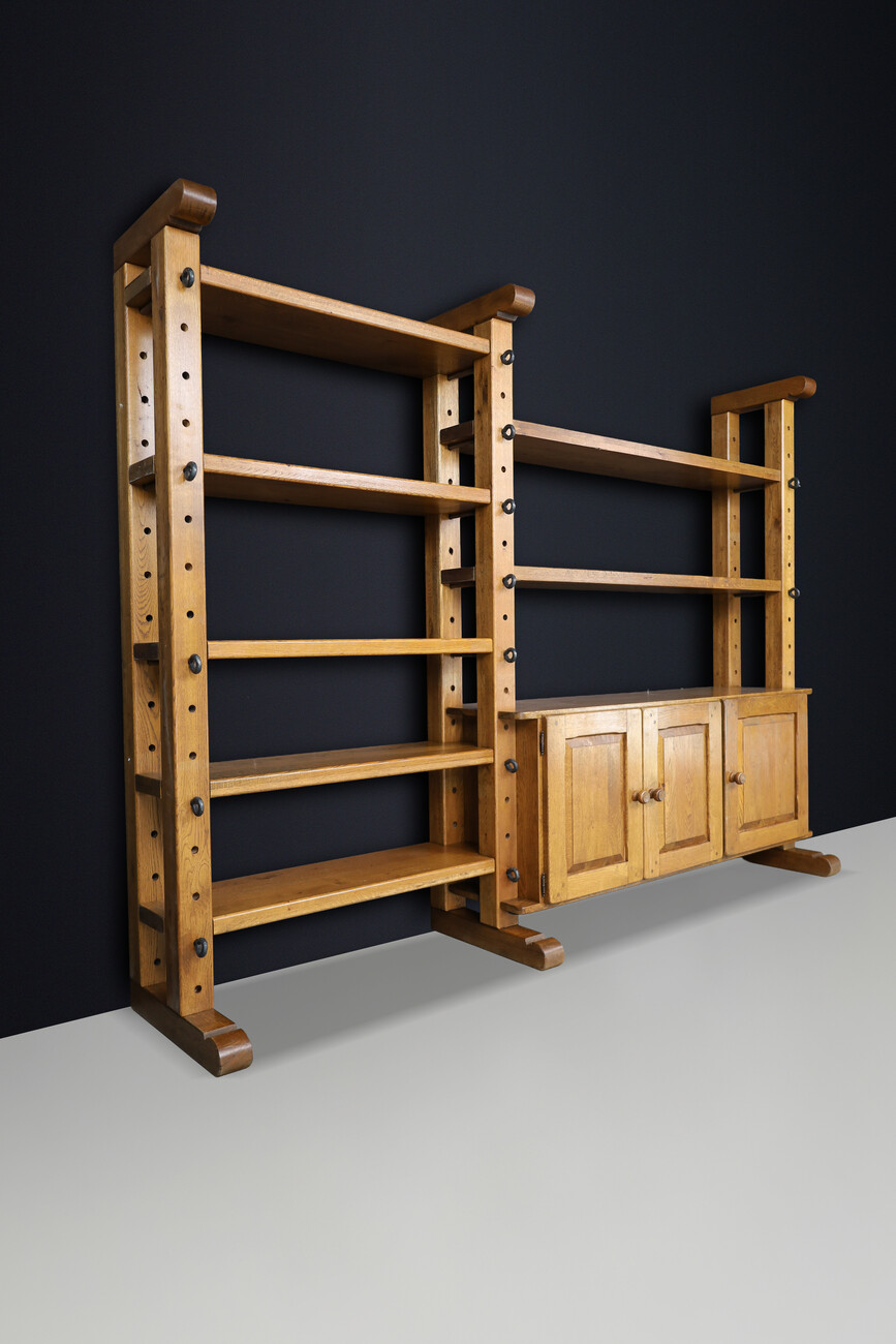 Brutalist Oak Large Modular Shelving Unit with Metal Pegs and Cabinet, Belgium 1960 Late-20th century