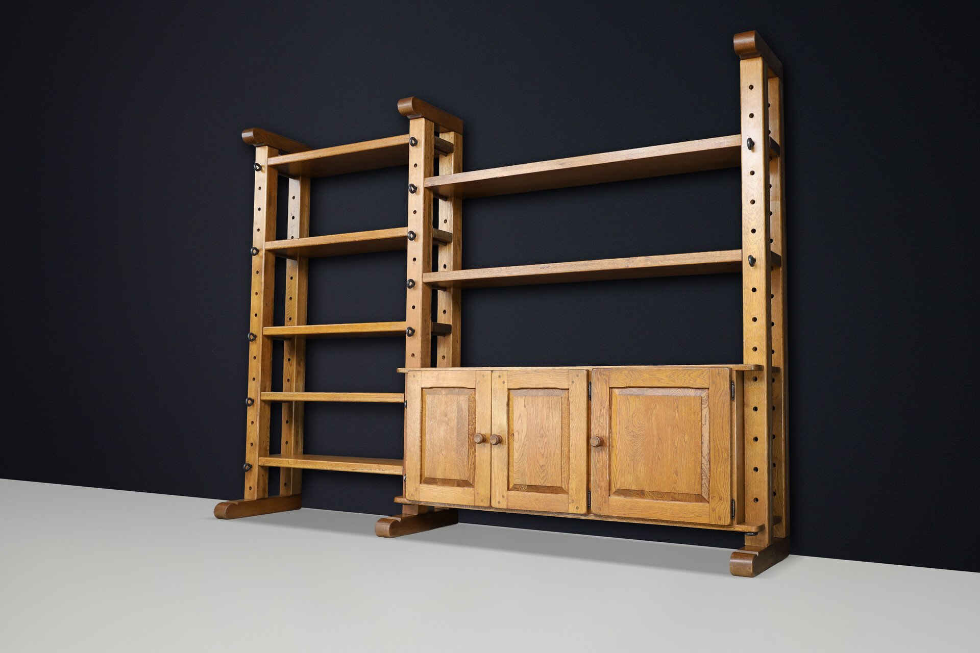 Brutalist Oak Large Modular Shelving Unit with Metal Pegs and Cabinet, Belgium 1960 Late-20th century