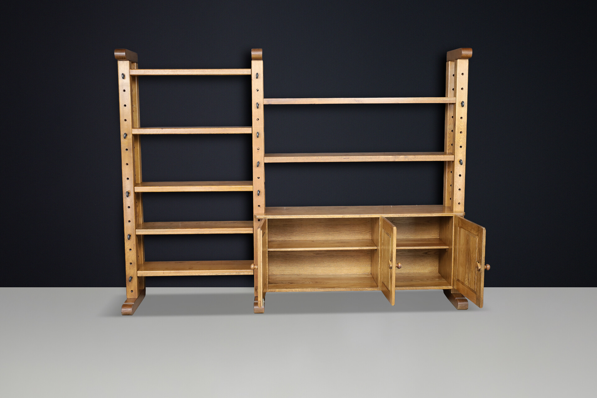 Brutalist Oak Large Modular Shelving Unit with Metal Pegs and Cabinet, Belgium 1960 Late-20th century