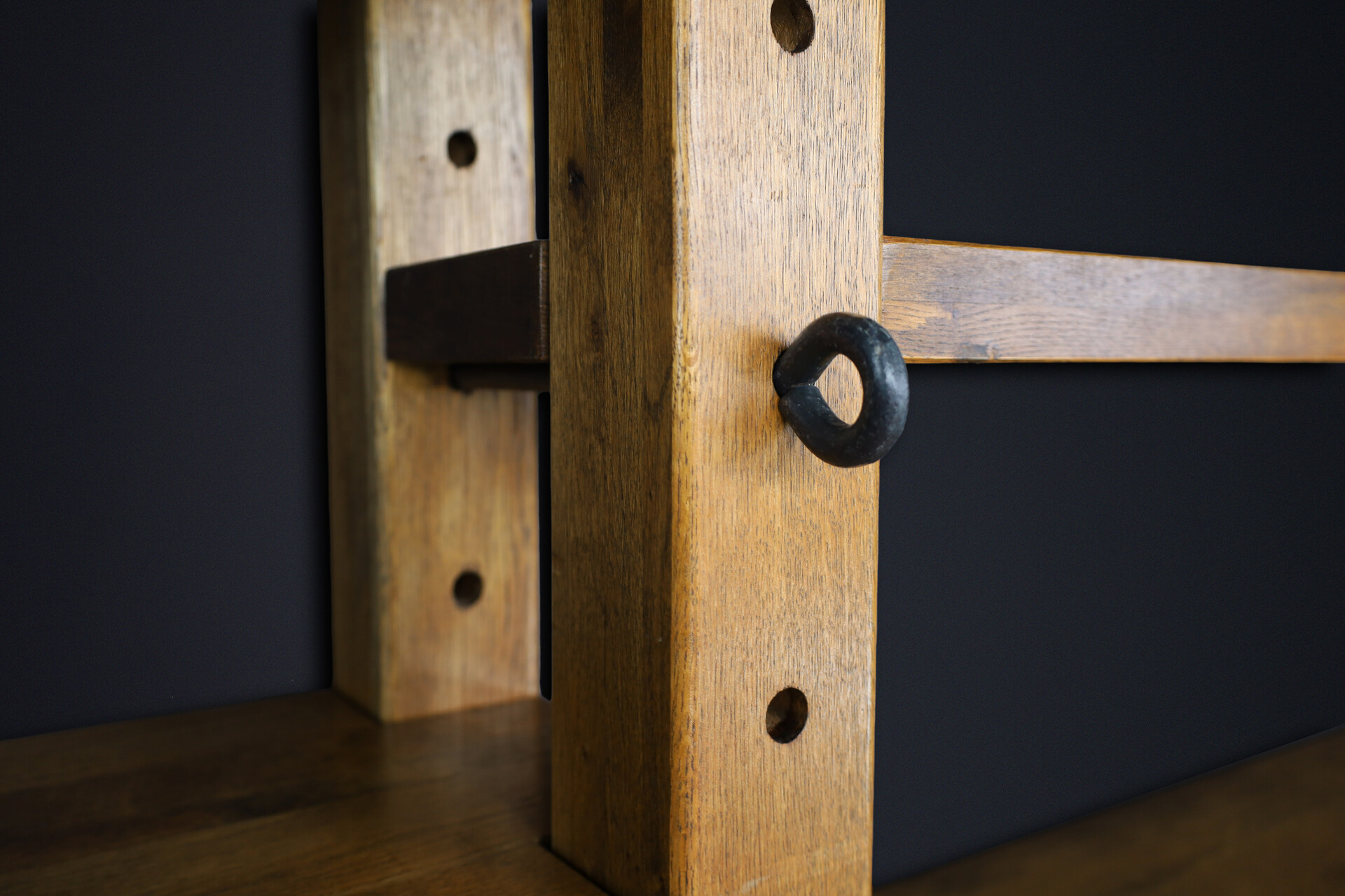 Brutalist Oak Large Modular Shelving Unit with Metal Pegs and Cabinet, Belgium 1960 Late-20th century