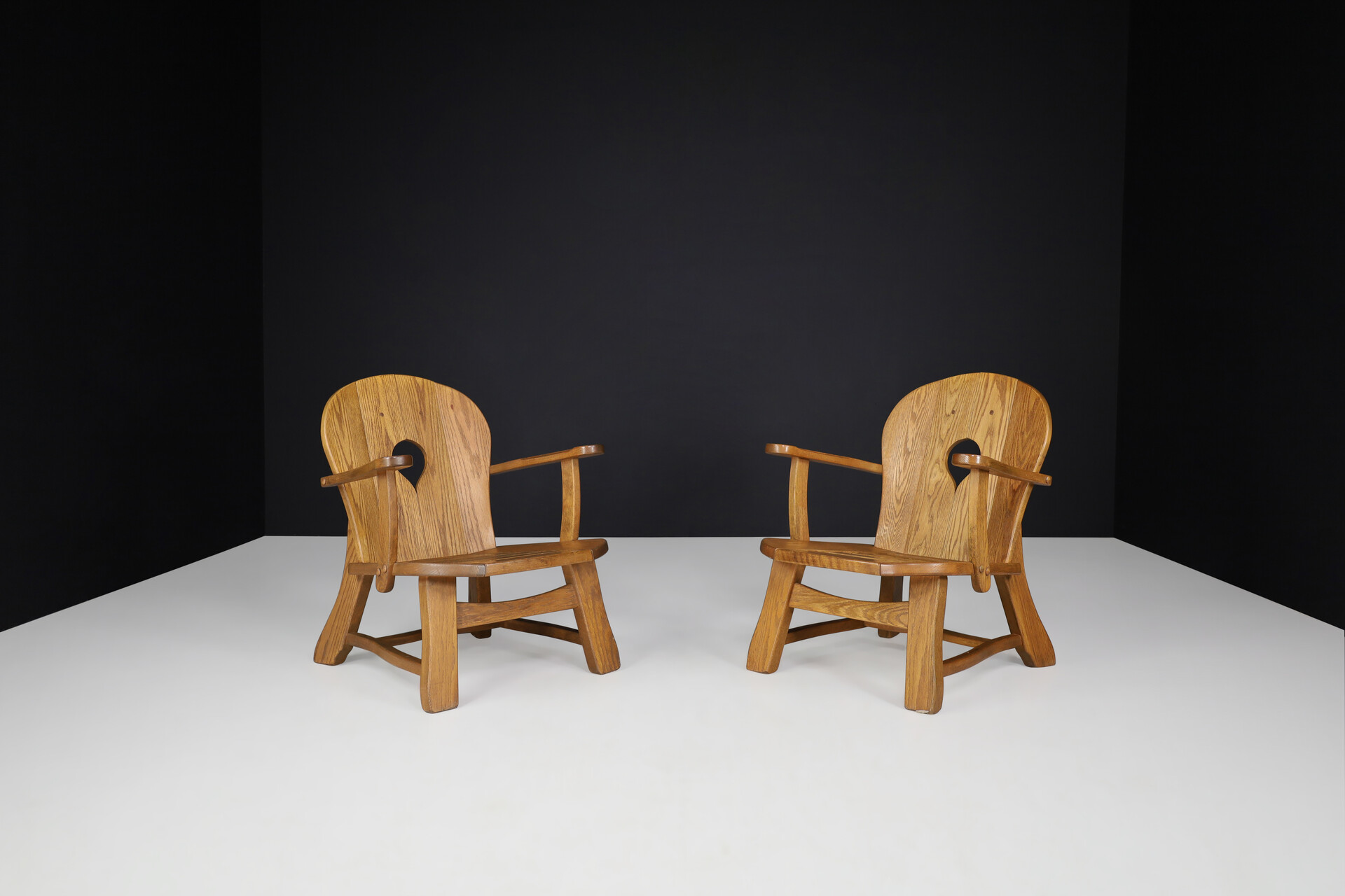 Brutalist Oak lounge chairs in solid oak, France 1960s Mid-20th century