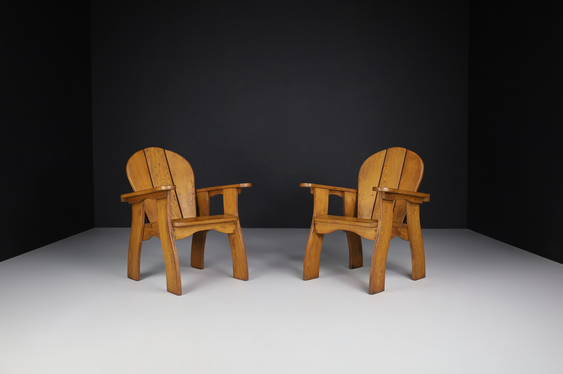 Brutalist Oak lounge chairs in solid oak, France 1960s Mid-20th century