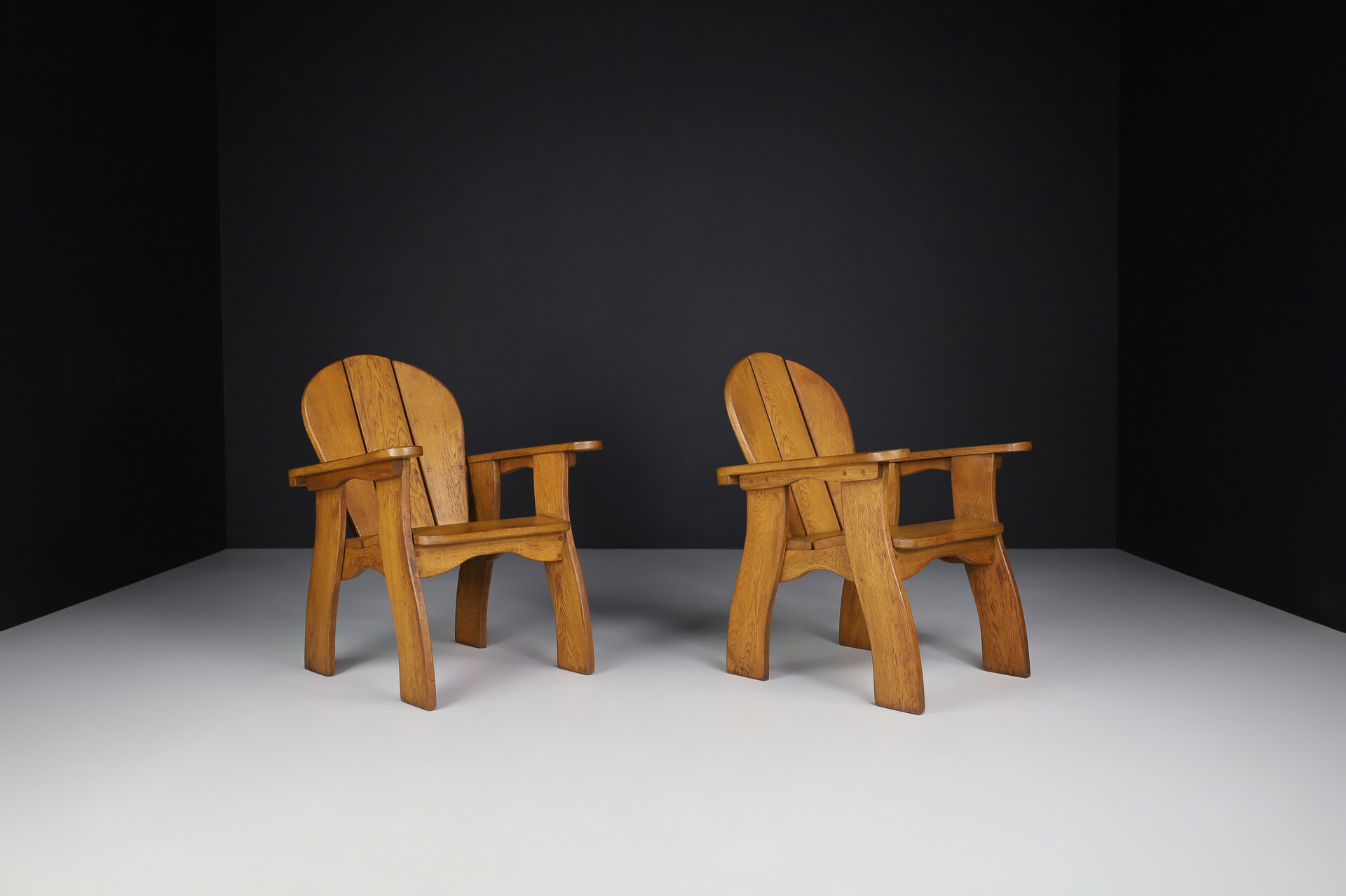 Brutalist Oak lounge chairs in solid oak, France 1960s Mid-20th century