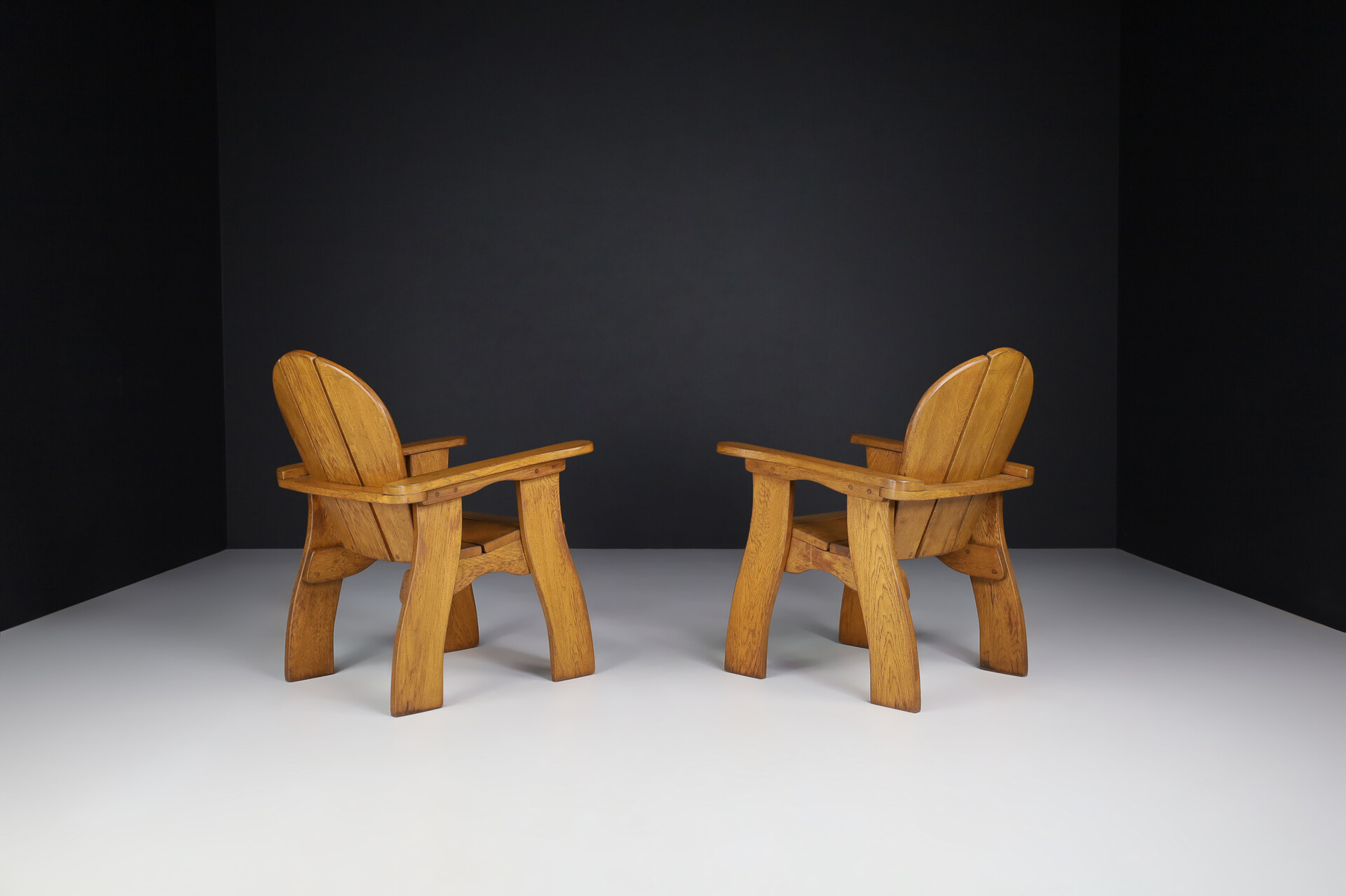 Brutalist Oak lounge chairs in solid oak, France 1960s Mid-20th century