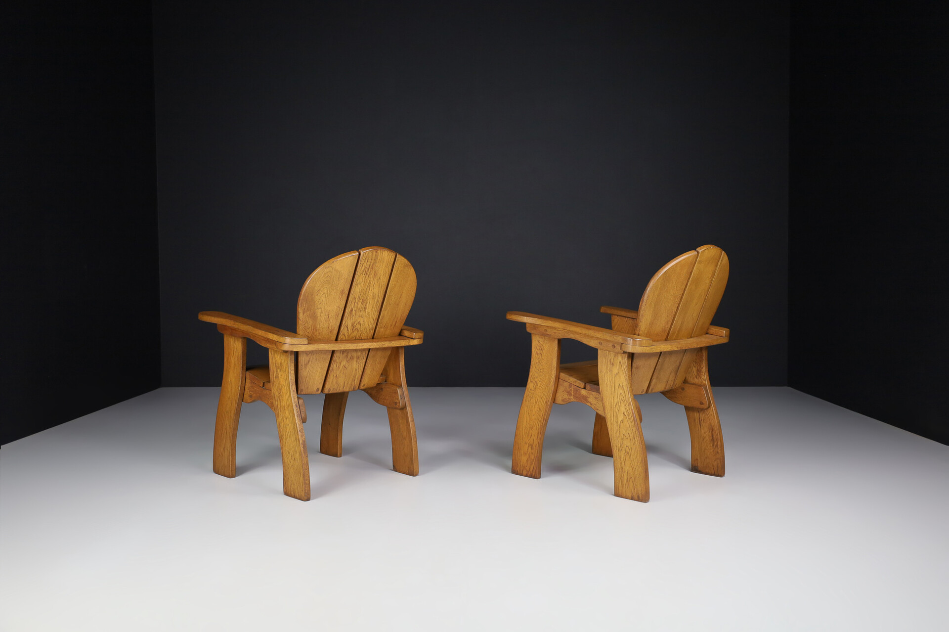 Brutalist Oak lounge chairs in solid oak, France 1960s Mid-20th century