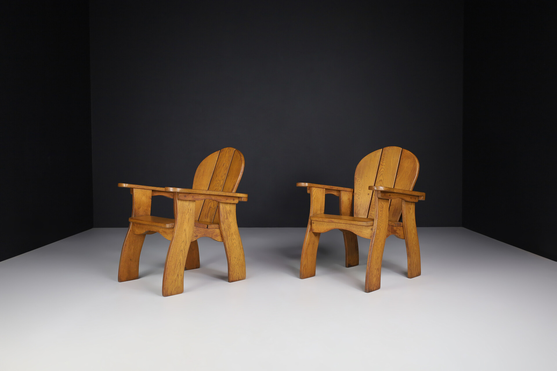 Brutalist Oak lounge chairs in solid oak, France 1960s Mid-20th century