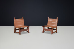 Brutalist Patinated leather and wood Easy Chairs , Spain 1950s Mid-20th century
