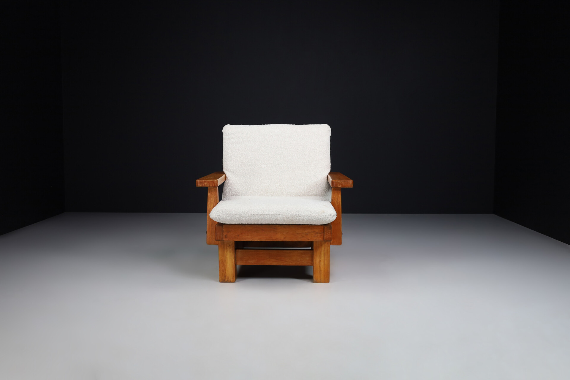 Brutalist Primitive oak and bouclé armchairs , Spain 1950s Mid-20th century