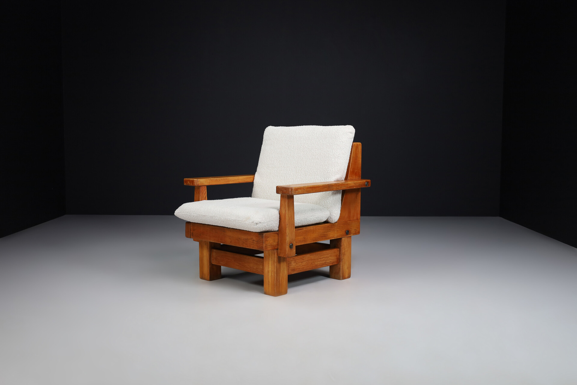 Brutalist Primitive oak and bouclé armchairs , Spain 1950s Mid-20th century