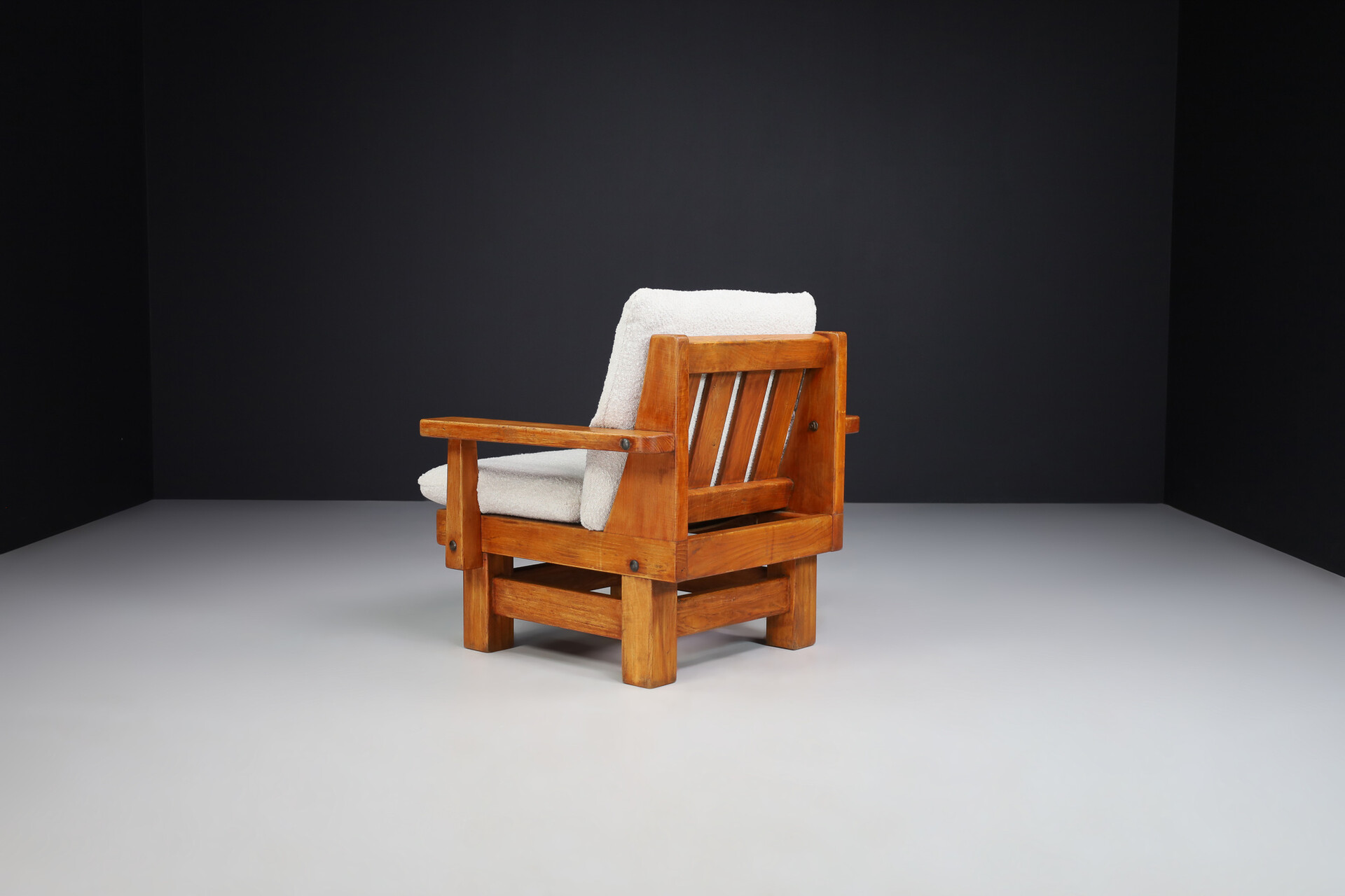 Brutalist Primitive oak and bouclé armchairs , Spain 1950s Mid-20th century