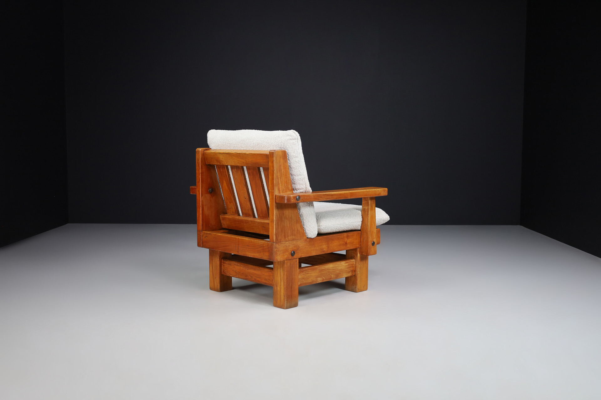 Brutalist Primitive oak and bouclé armchairs , Spain 1950s Mid-20th century