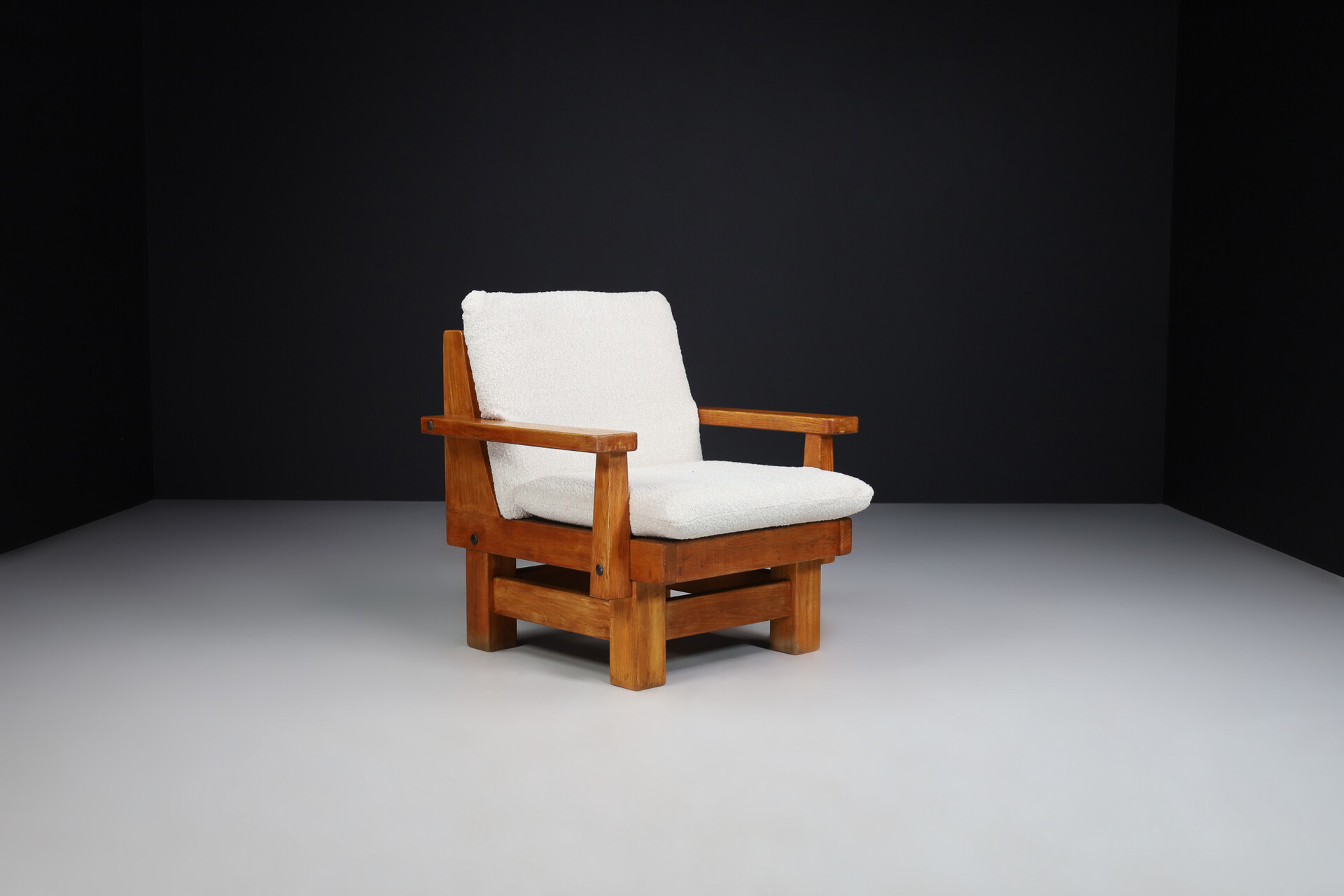 Brutalist Primitive oak and bouclé armchairs , Spain 1950s Mid-20th century