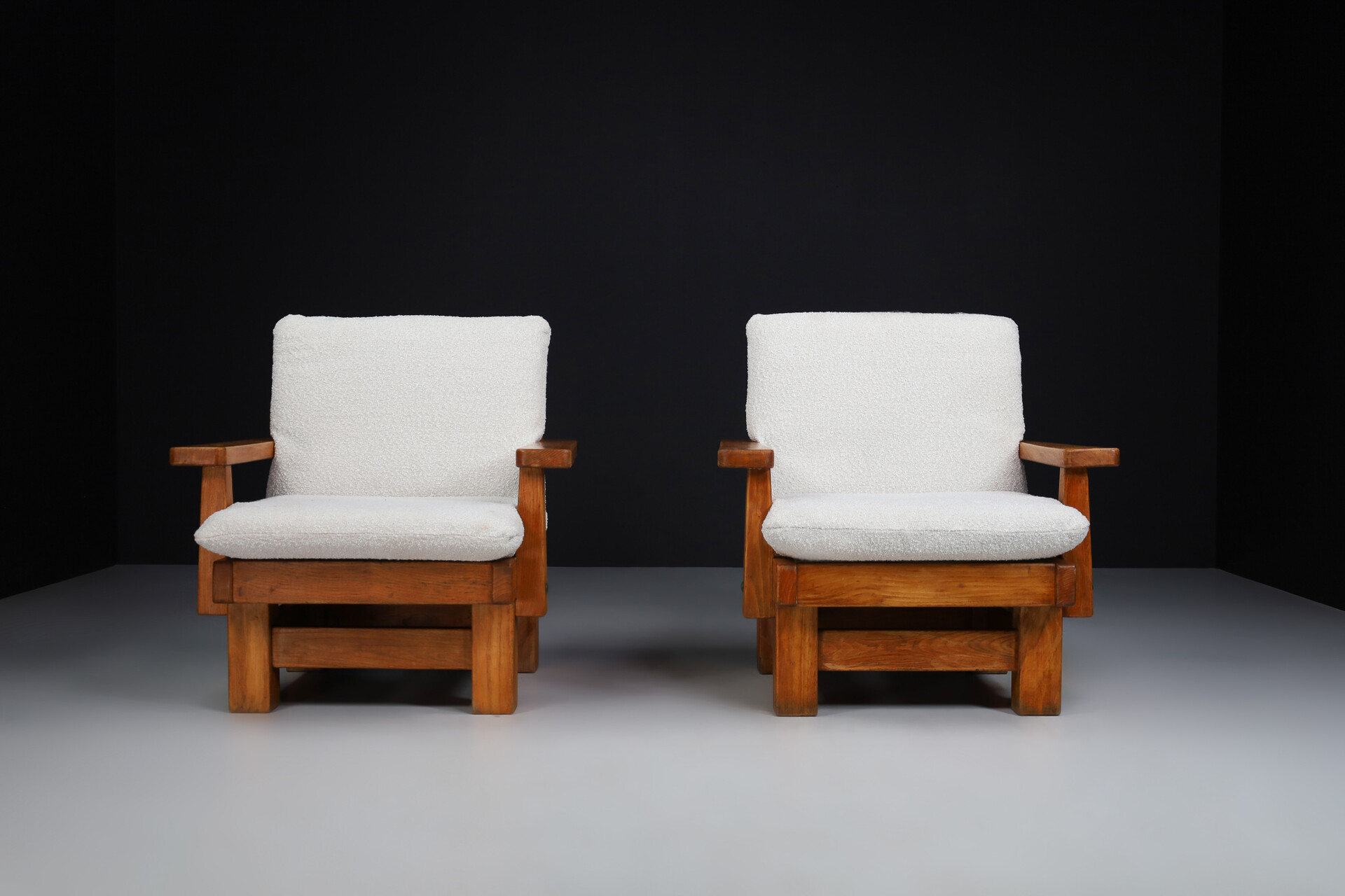 Brutalist Primitive oak and bouclé armchairs , Spain 1950s Mid-20th century